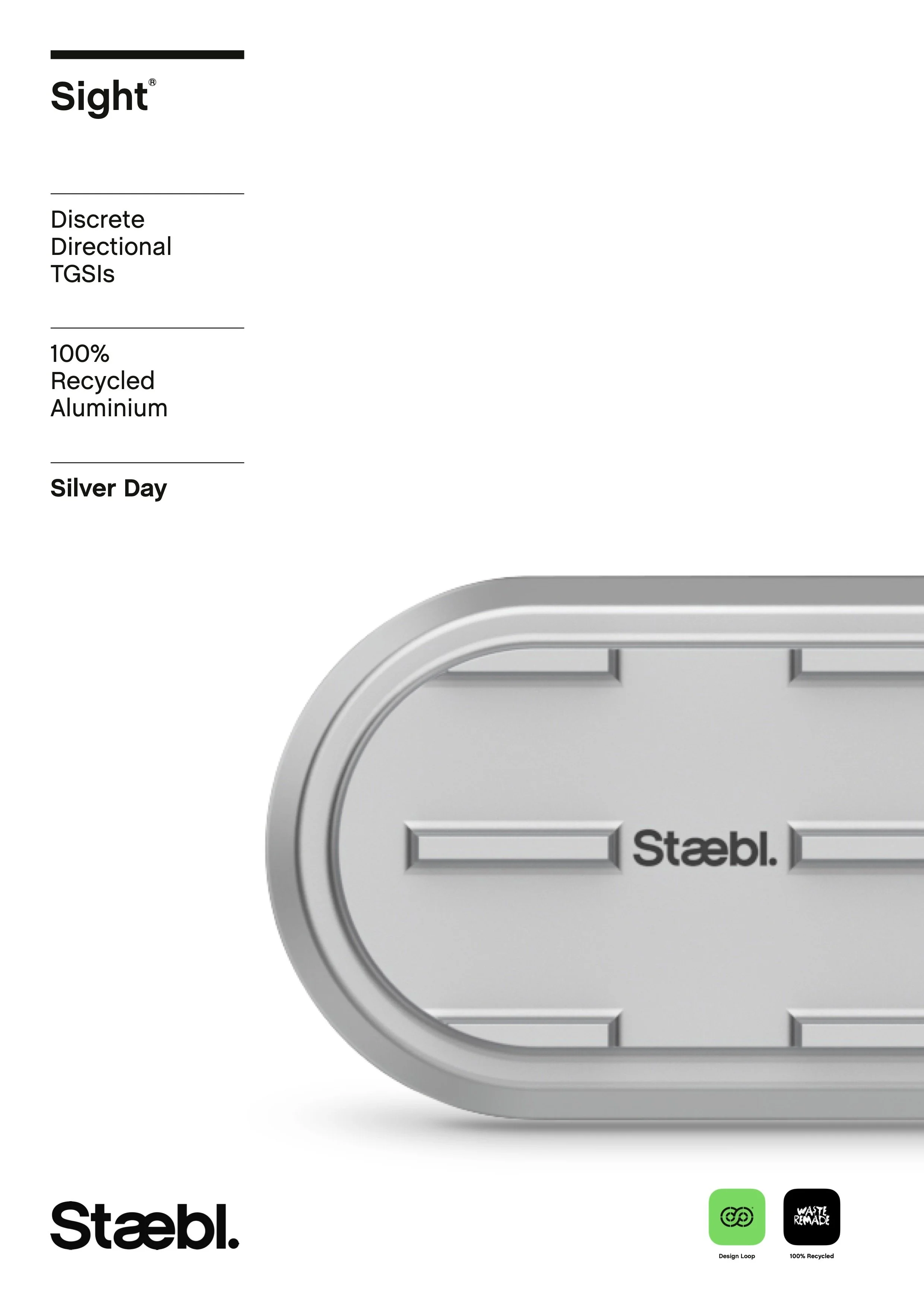 Front Cover of Staebl Sight®-D-AL-Silver-Day Discrete Directional Tactile Ground Surface Indicators (TGSIs) Technical Product Data Document. Made from Verified 100% Recycled Aluminium.