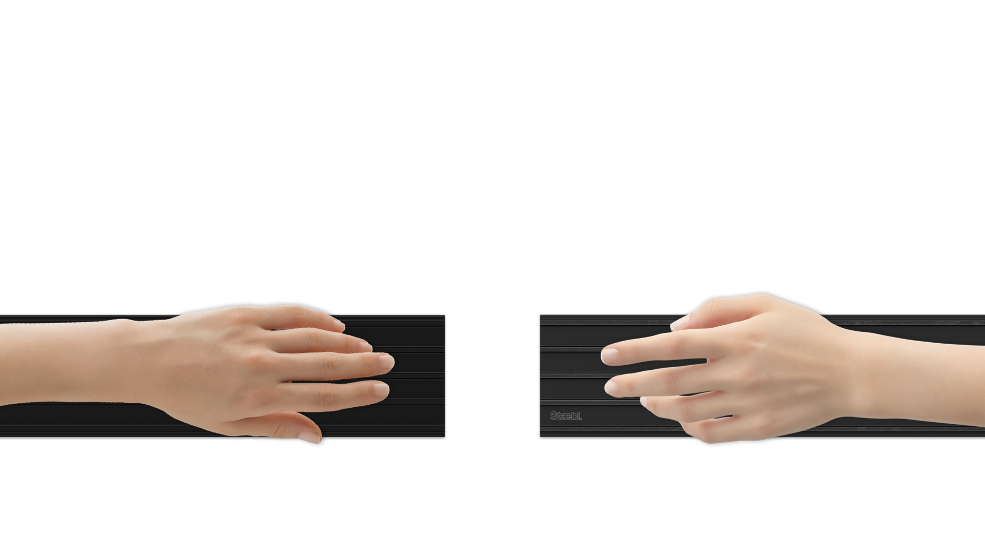 Two hands reaching towards each other over a black background, with the left hand palm facing down, and the right hand palm facing up, near the center of the image.