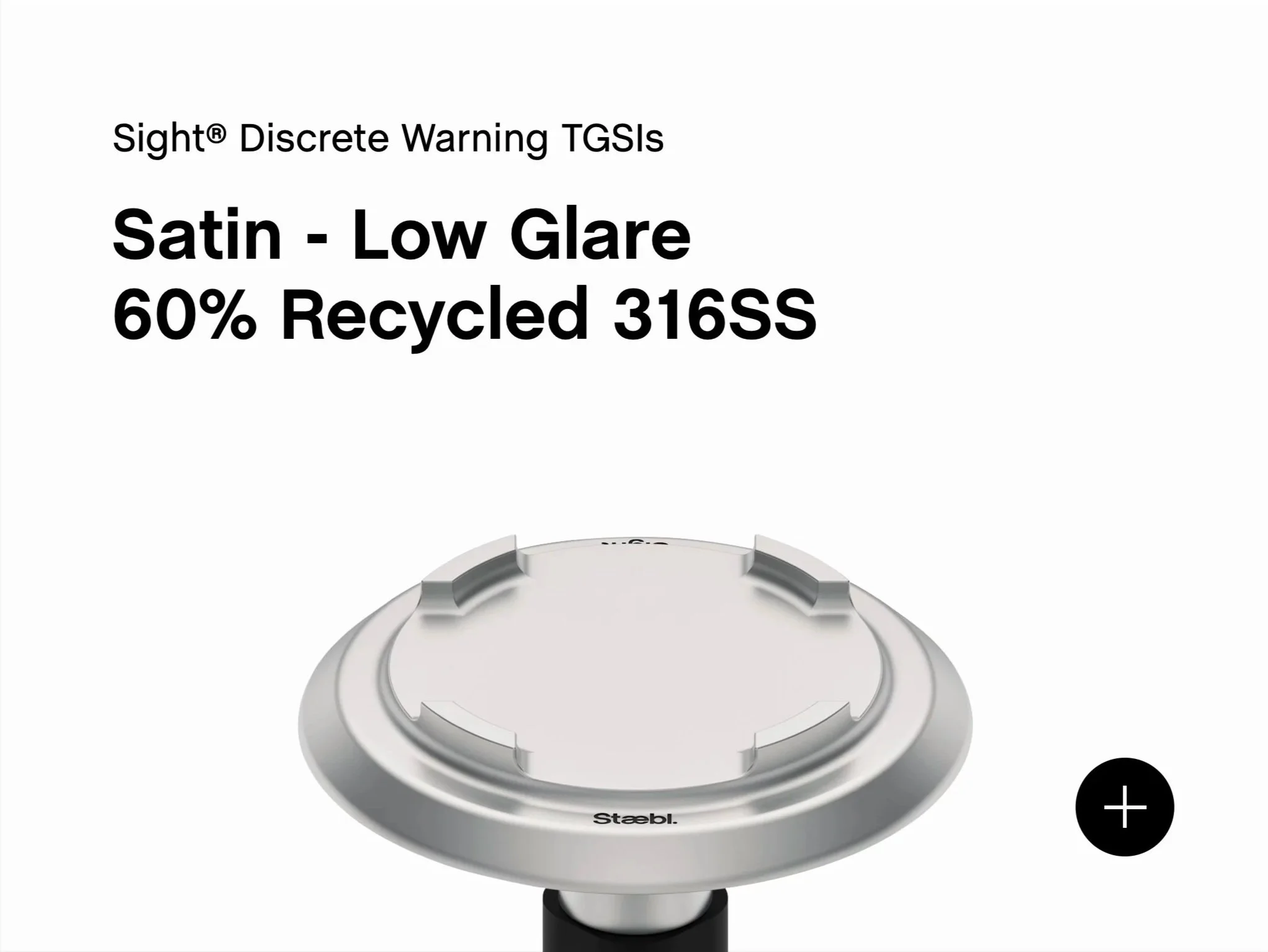 Cover of a product banner for Sight® Discrete Warning TGSIs, featuring one image of verified 60% recycled 316 SS (Stainless Steel) - Satin - Low Glare.