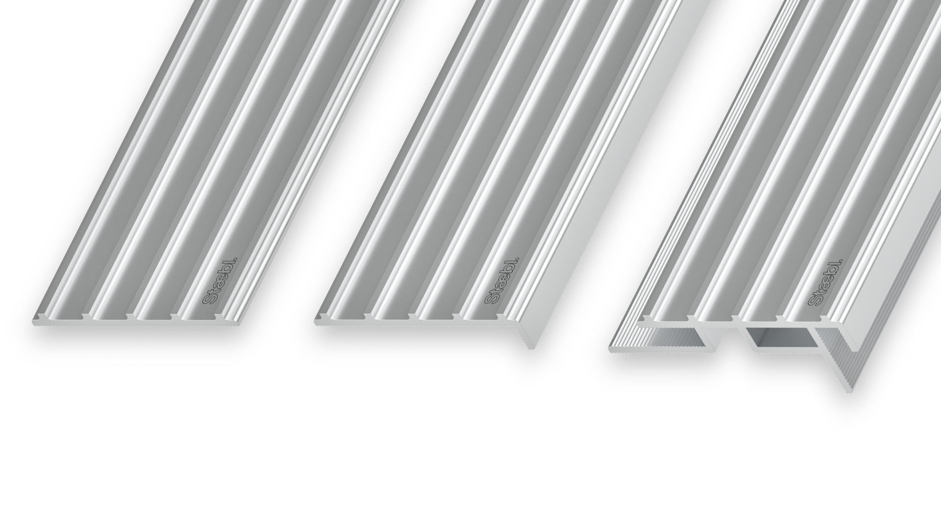 A silver metal piece with parallel ridges, labeled 'Steelh' on the side, appears to be a structural or construction material.