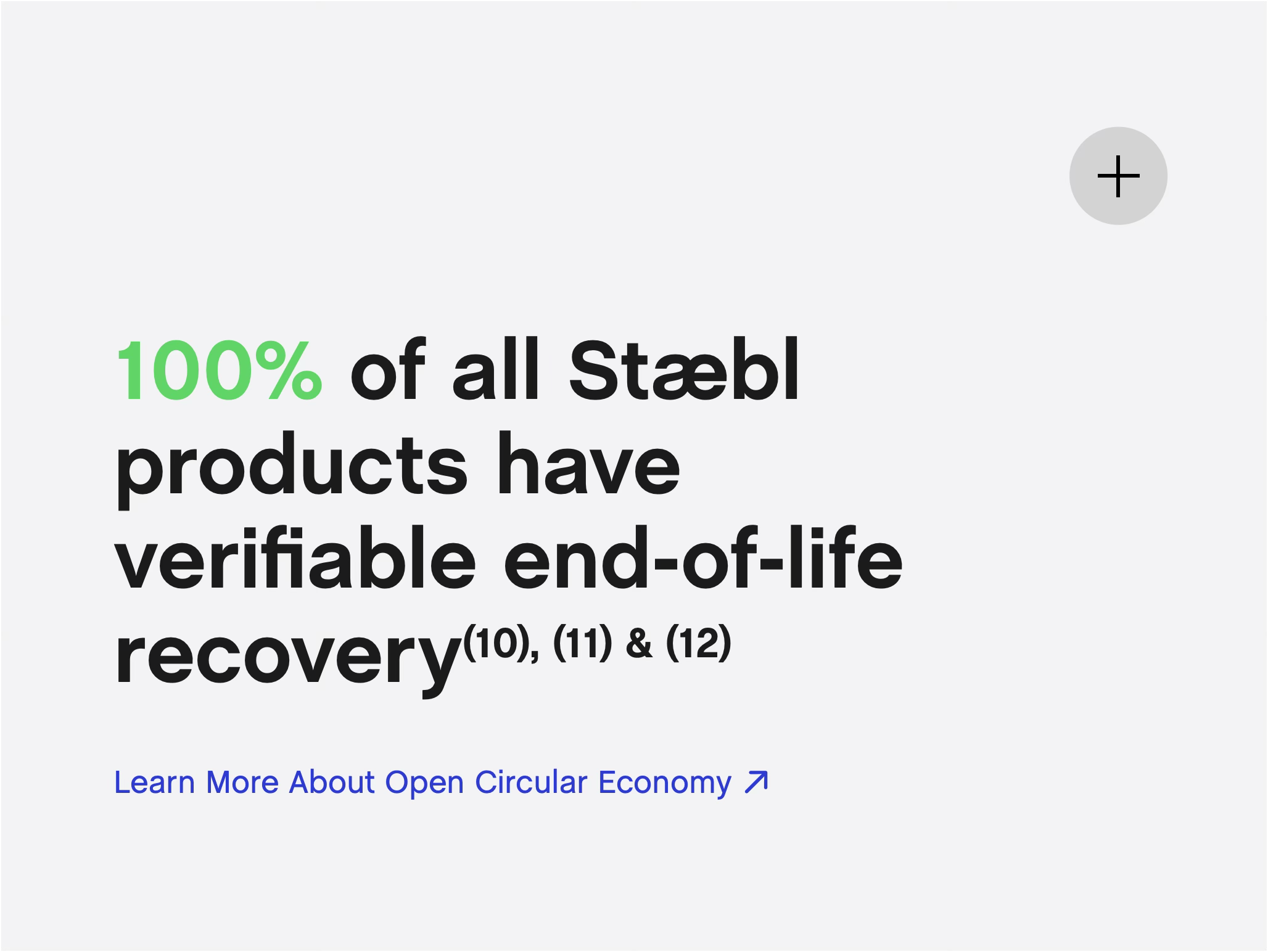 Text on a webpage stating '100% of all stable products have verifiable end-of-life recovery.'