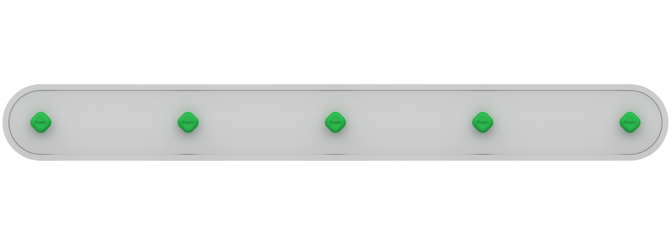 A gray power strip with five green power switches labeled 'Steb1'.
