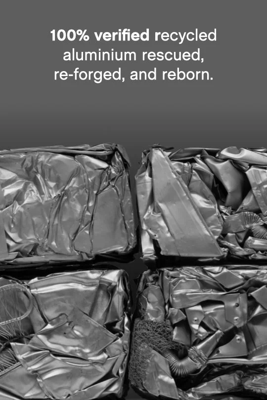 100% Verified aluminium rescued, re-forged and reborn. - Recovered aluminium cube bundle on a Mid Grey fade to black background