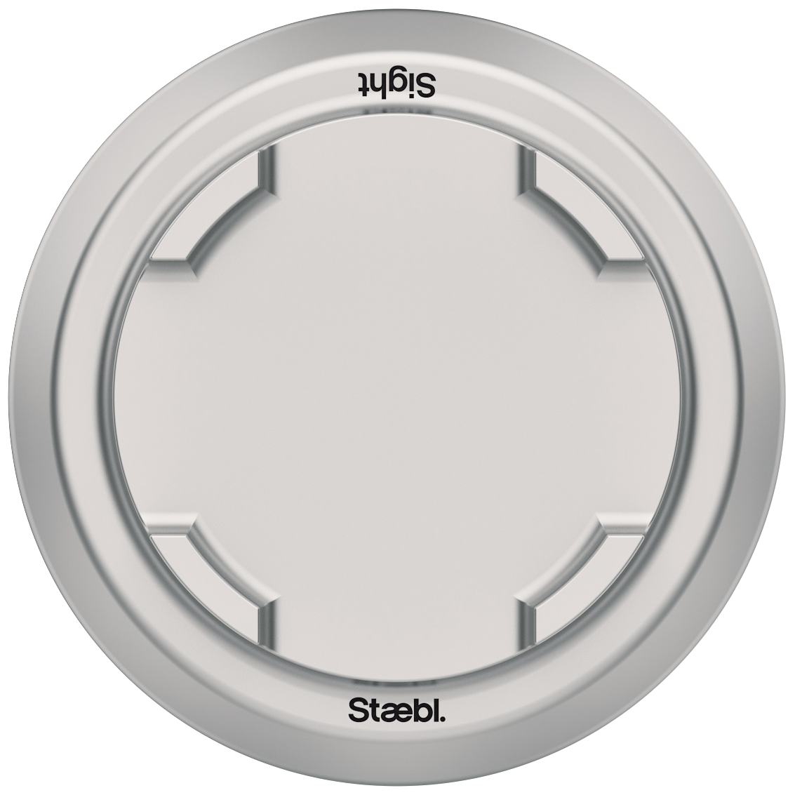 A round, silver, mechanical safe dial with four notches and the brand name 'Staebl.' at the bottom.