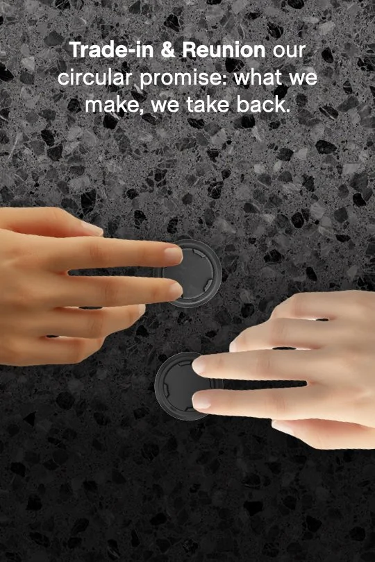 A Circular Economy. Trade-in & Reunion our circular promise: what we make, we take back. - Two hands are displayed with one exchanging a used Warning TGSI for a new Warning TGSIs