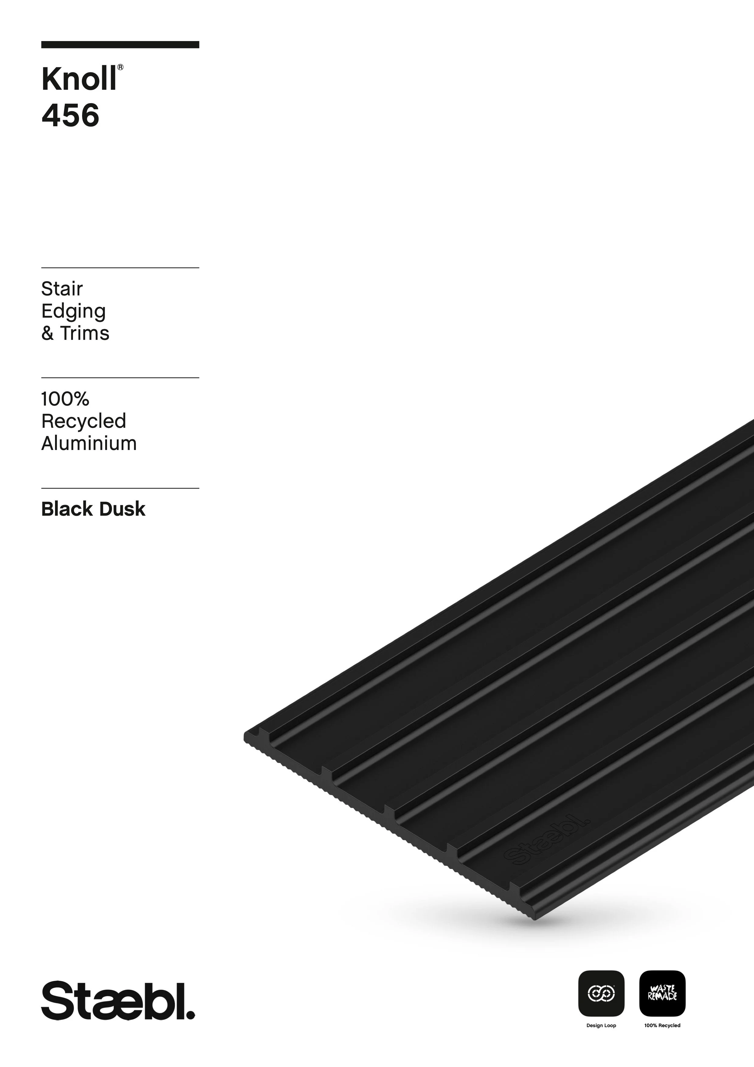 Front Cover for Knoll® Plateau 456 Black Dusk Stair Edging & Trim Technical Product Data Document. Made from Verified 100% Recycled Aluminium. Installed on top of Stair Treads or Inset in the Going.