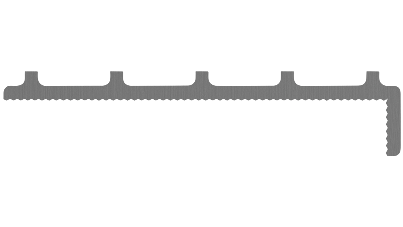 End view of Staebl Knoll® Escarpment Stair Edging & Trim in Silver Day manufactured from 100% verified recycled aluminium, extruded & stretched then anodised with natural dye to 20µm. Installed on top of Stair Treads or Inset in the Going.