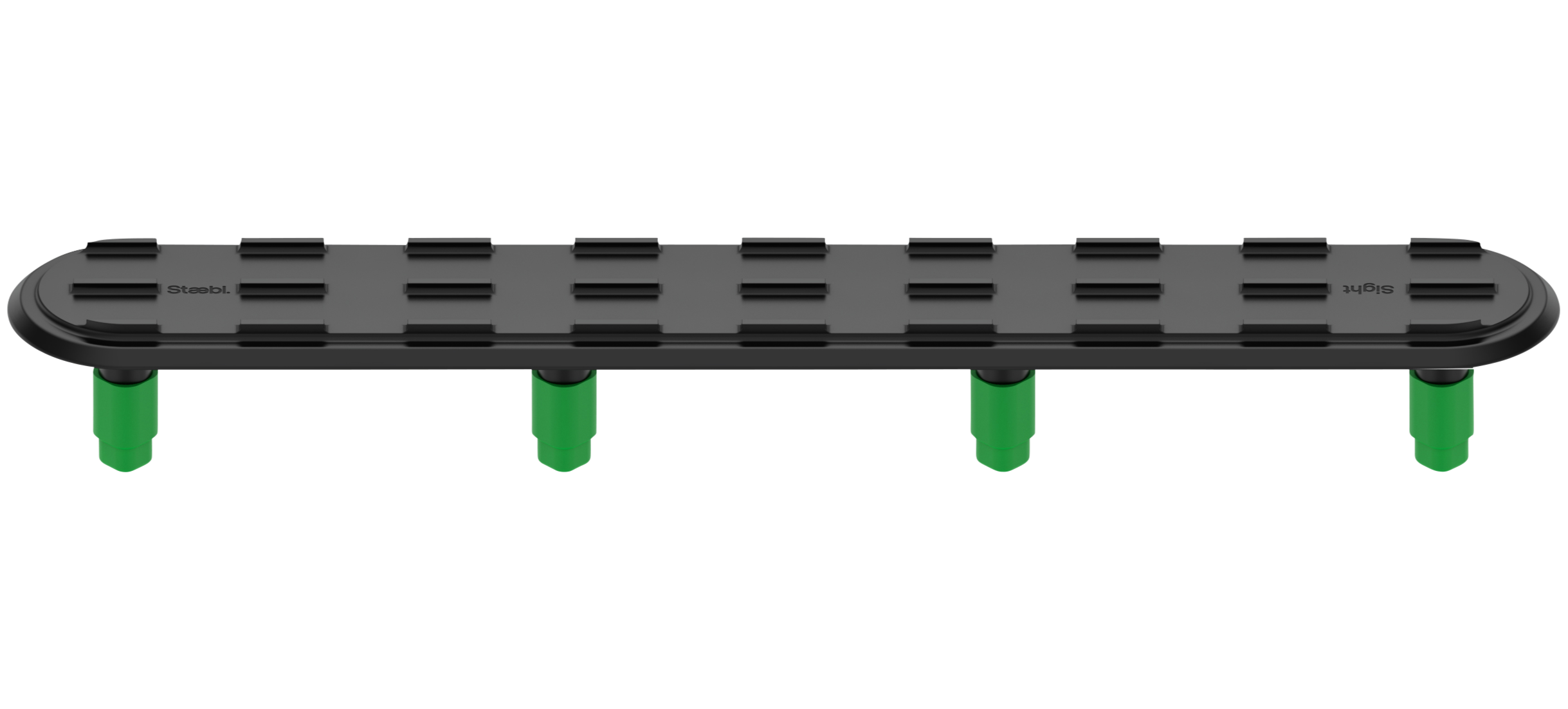 A black plastic platform with green legs, designed for small plants or models to stand on.