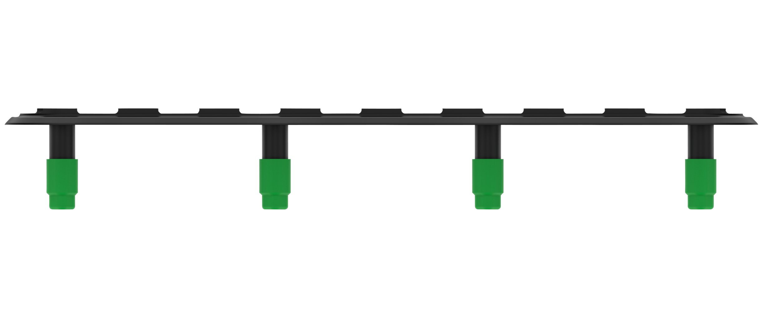 A black rectangular tightrope with green feet on each end, supported by black stands with green protective coverings, a yellow tape on the right side.