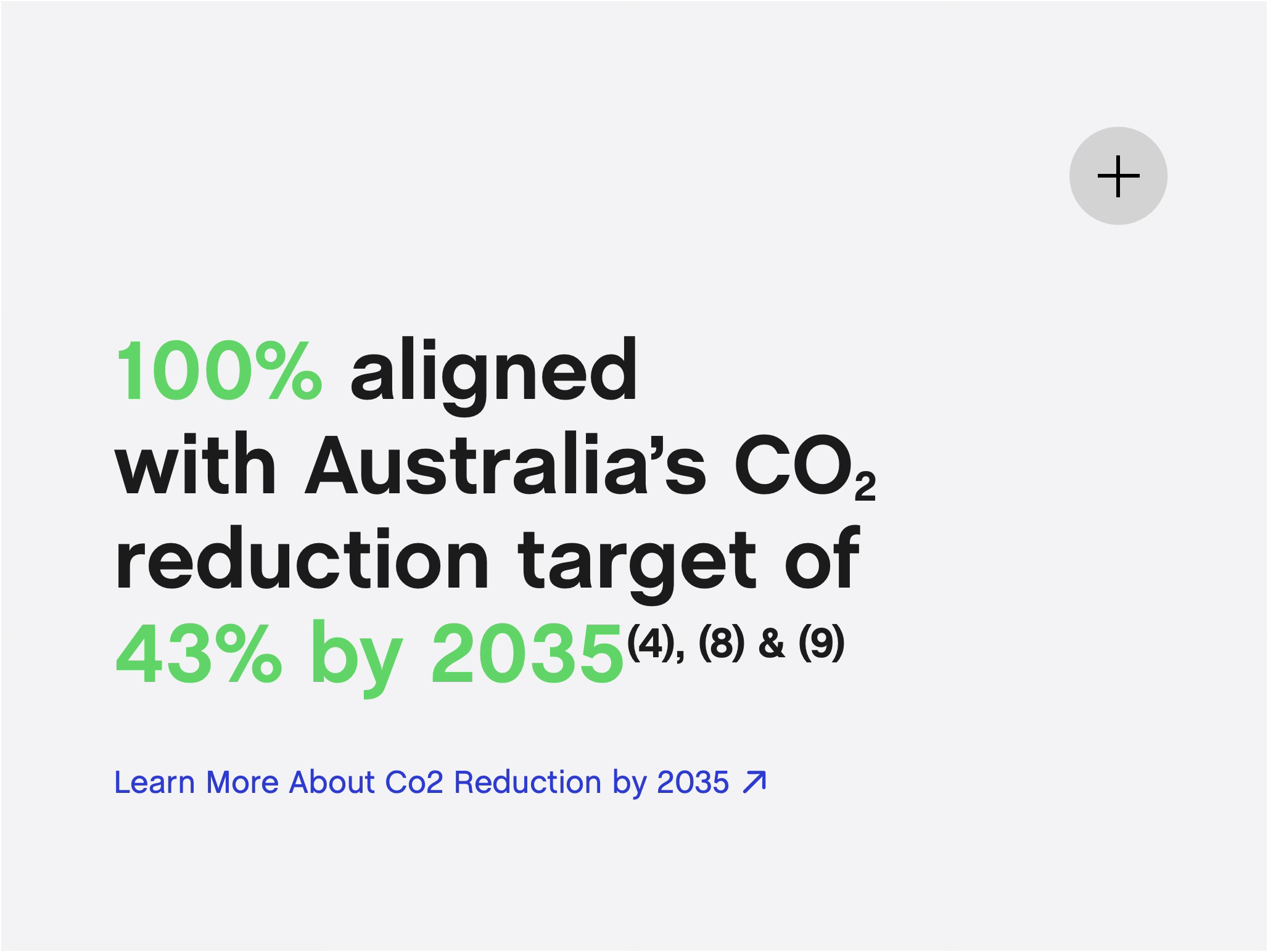 Close-up of a digital screen displaying text about Australia's CO2 reduction target by 2035, with emphasis on '100%' in green and other statistics in black and green.