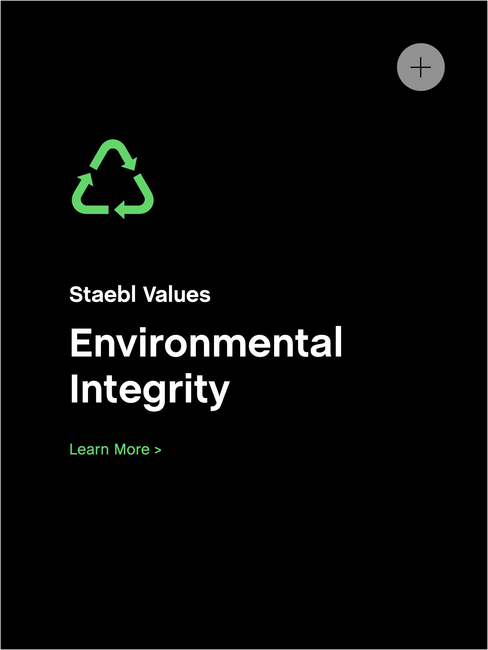 A black screen with green and white text displaying a recycling symbol and the words 'Sustainable Environmental Integrity' and 'Learn More >'.