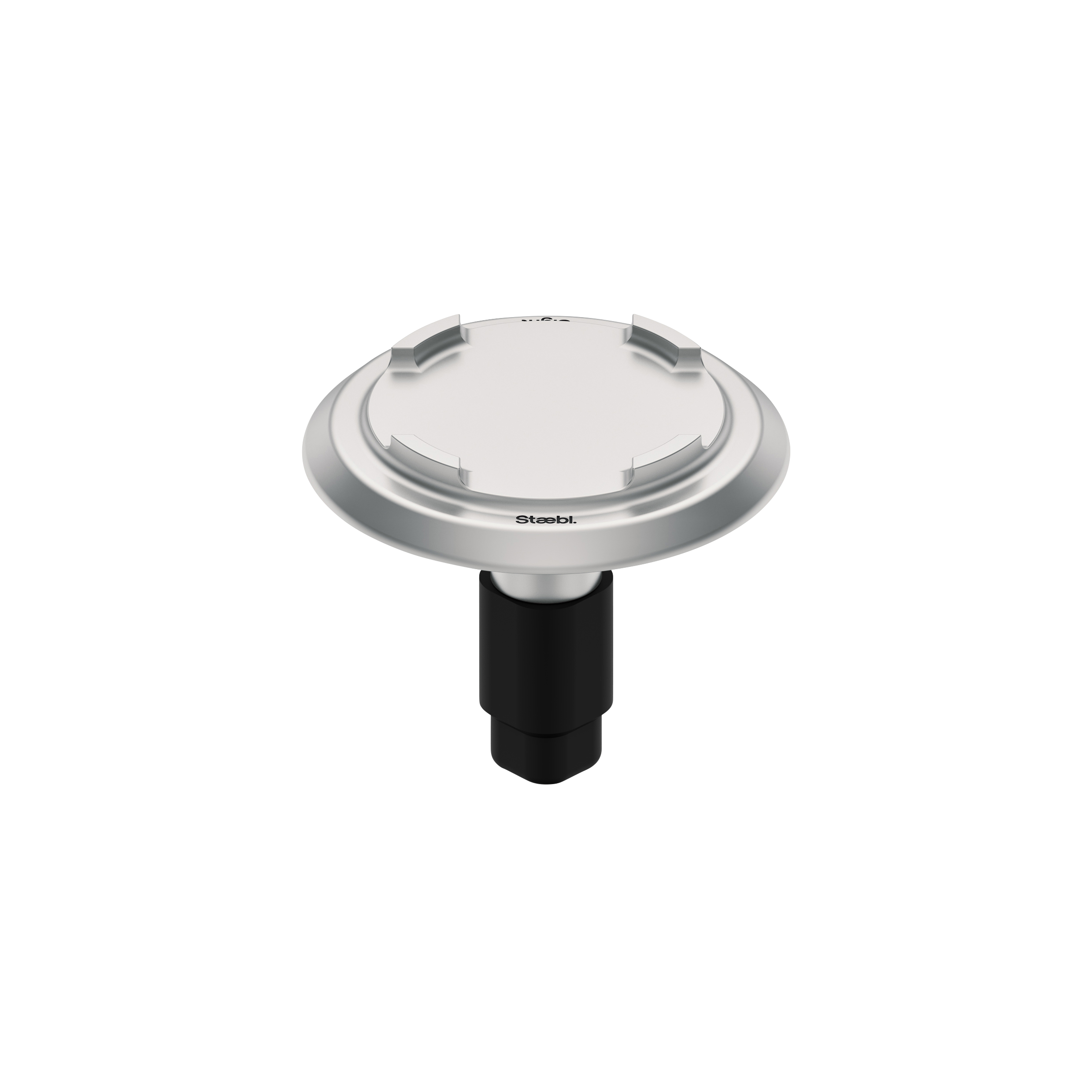 Gray and black robotic vacuum cleaner with the brand name 'Stäbl' on the front, placed on a white floor.