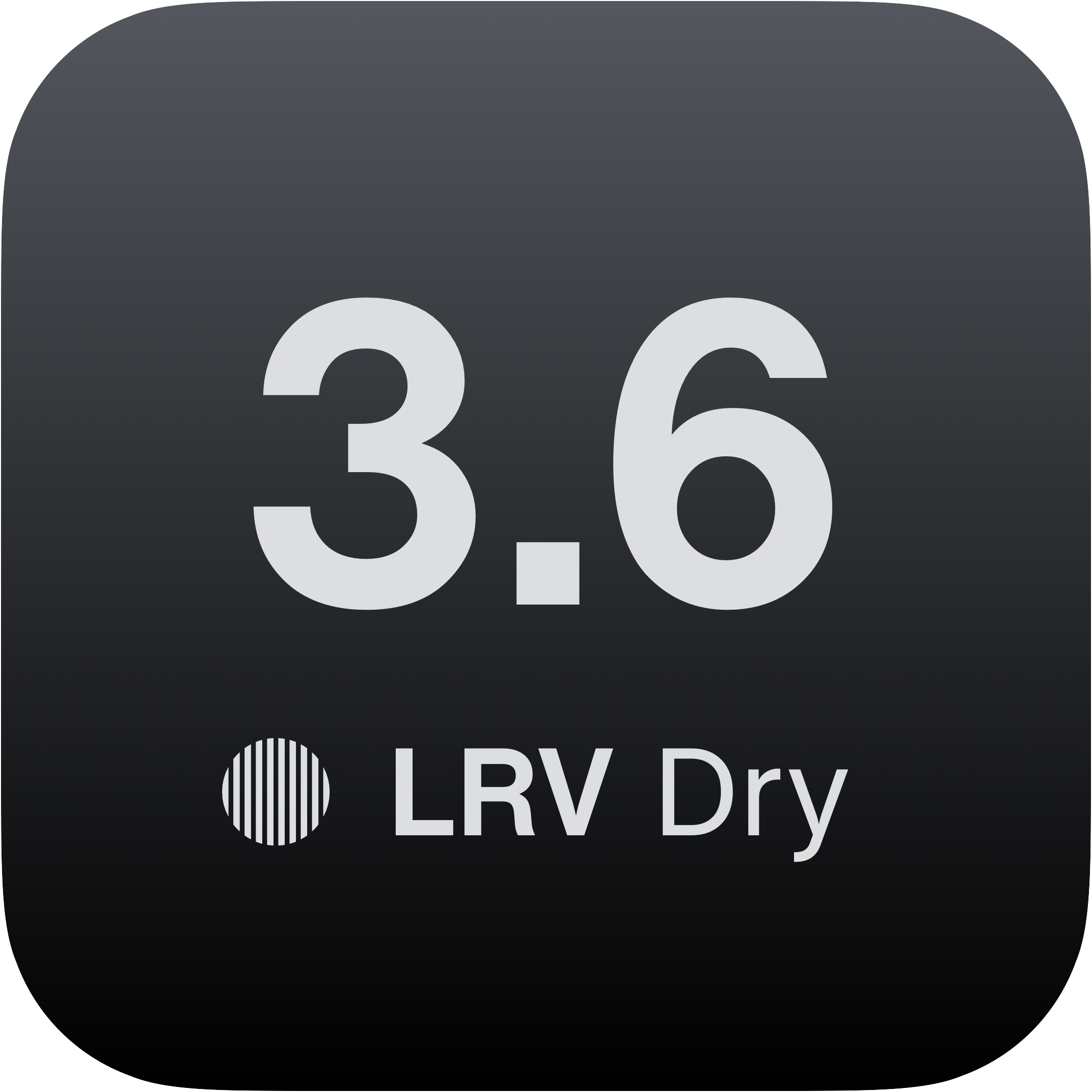 Close-up of a digital display showing the number 36, with the words "LRV Dry" and a circular icon with lines, in a black background.