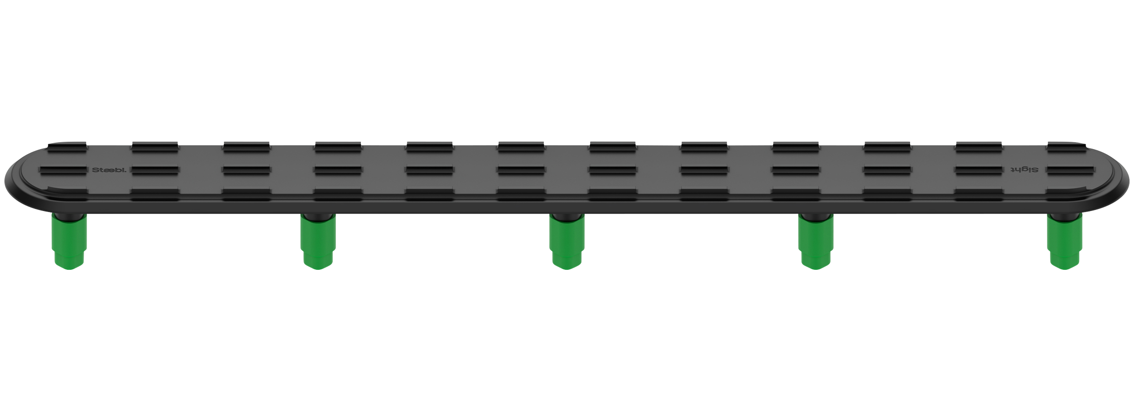 Isometric view of Staebl Sight® 296L Discrete Directional Tactile Ground Surface Indicator (TGSI), Black Dusk, verified recycled aluminium, drop-forged, precision-machined and hard anodised natural dye sealed to 60µm.