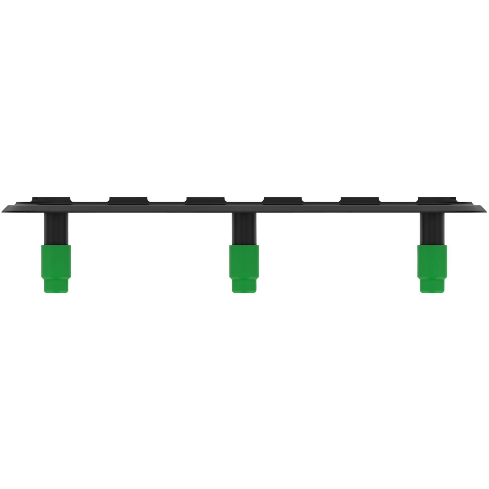 A black plastic object with green legs, connected to a gray base, appearing to be a piece of equipment or a component of machinery.