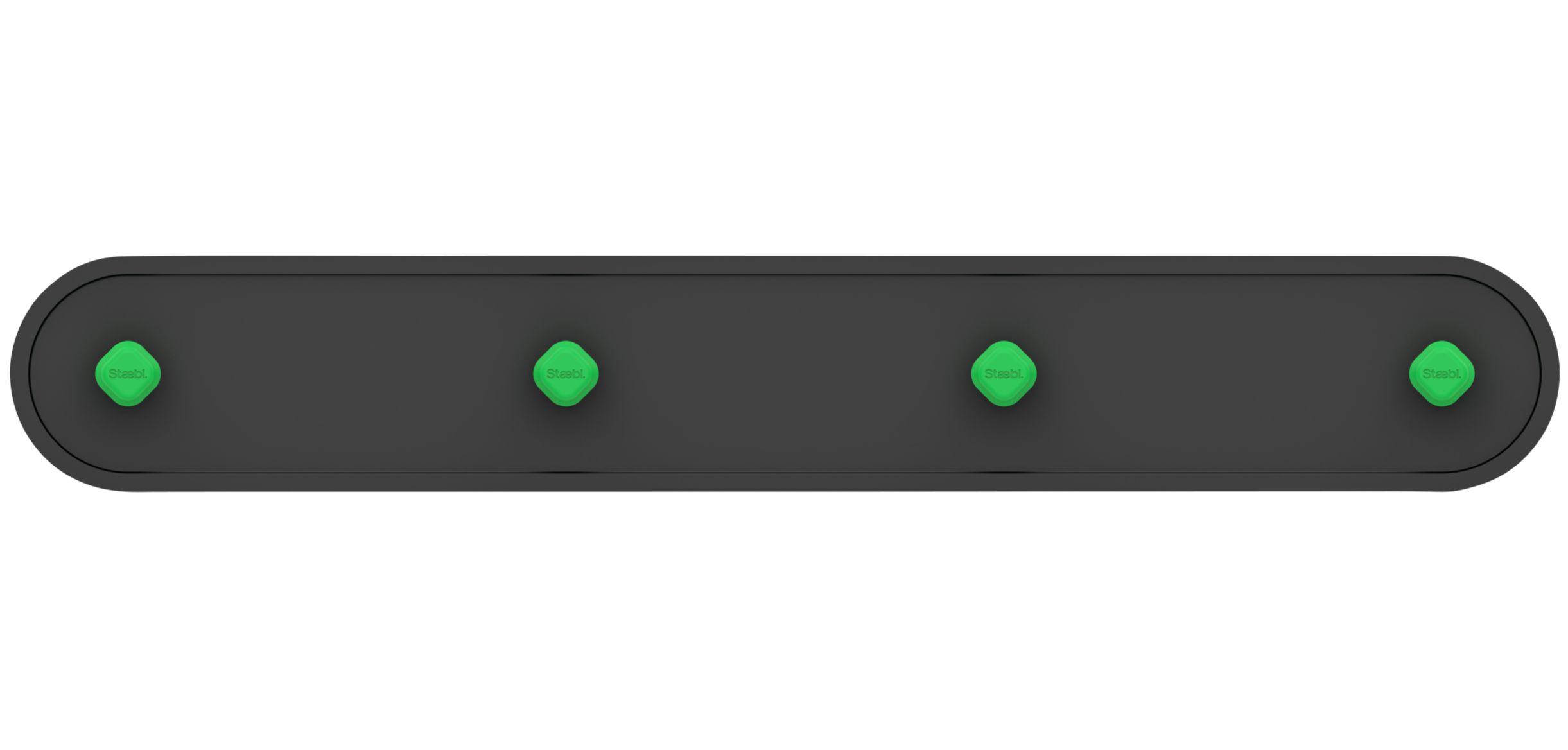 A power strip with four green safety covers labeled 'Stebl.' on each socket.