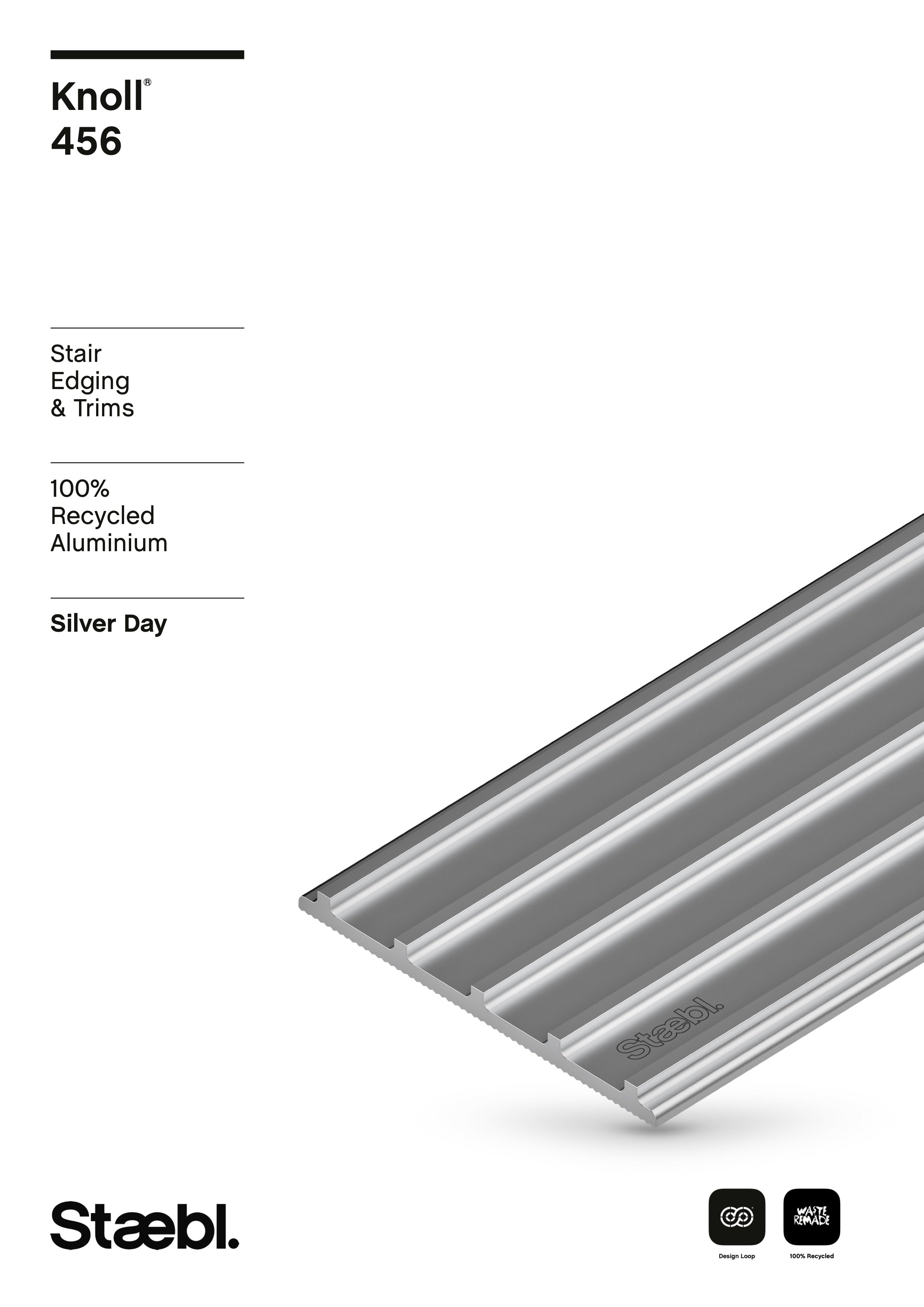 Front Cover for Knoll® Plateau 456 Silver Day Stair Edging & Trim Technical Product Data Document. Made from Verified 100% Recycled Aluminium. Installed on top of Stair Treads or Inset in the Going.