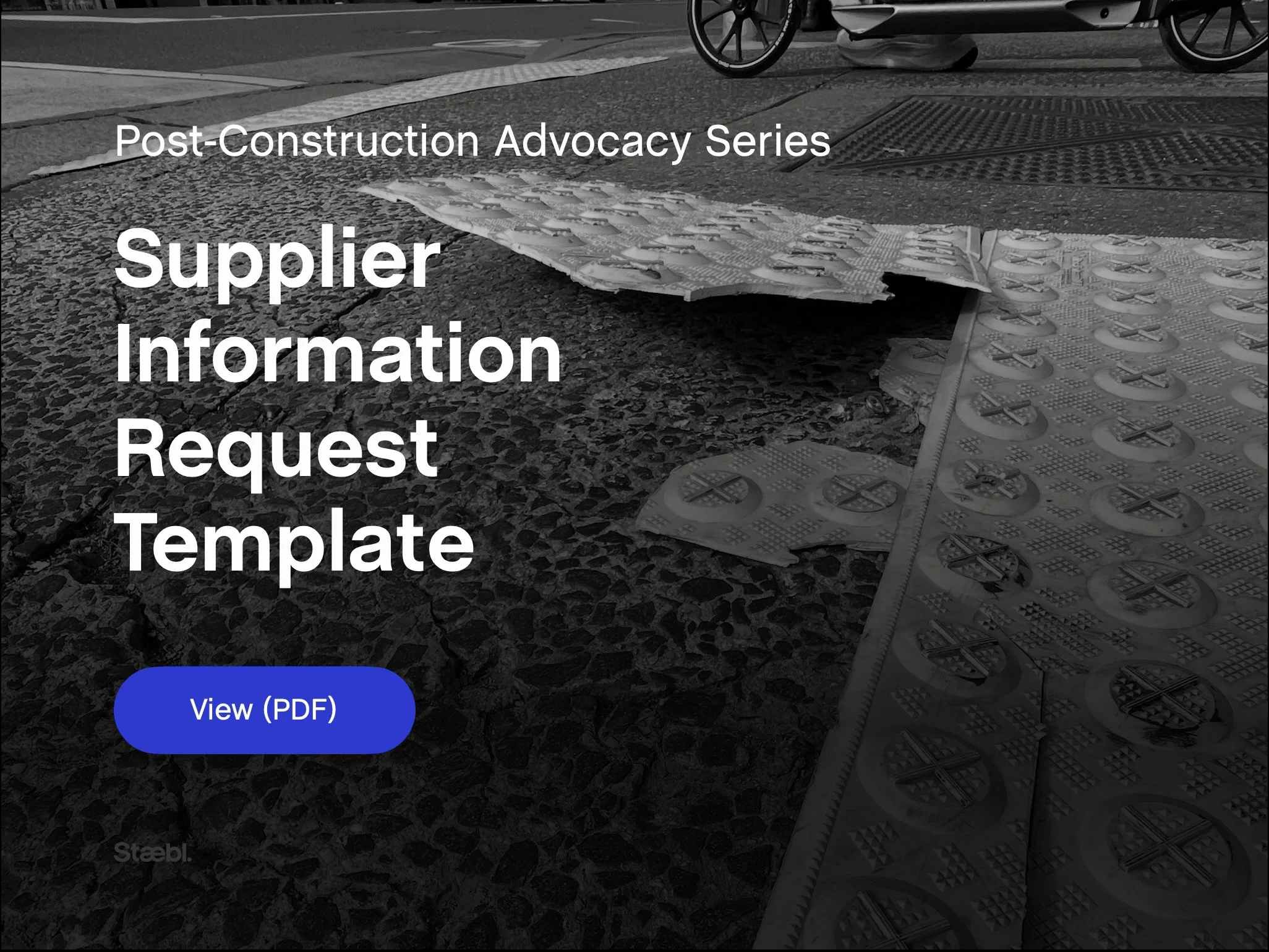 Supplier Information Request Template banner image showing damaged tactile ground surface indicator mats lifting from a public footpath, highlighting the need for supplier accountability and product information.