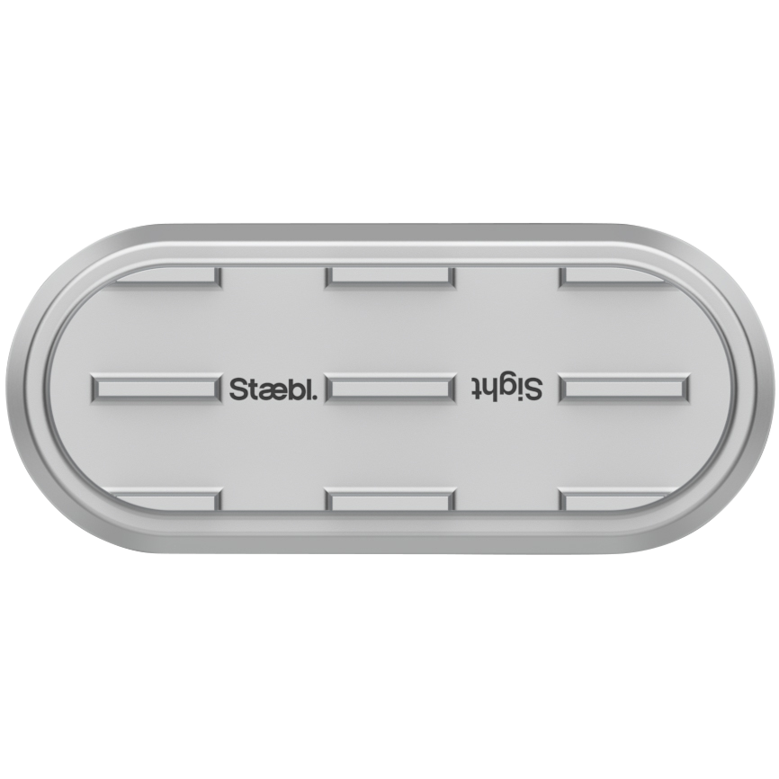 Pedestrian view of Staebl Sight® 80L Discrete Directional Tactile Ground Surface Indicator (TGSI), Silver Day, verified recycled aluminium, drop-forged, precision-machined and hard anodised natural dye sealed to 20µm.