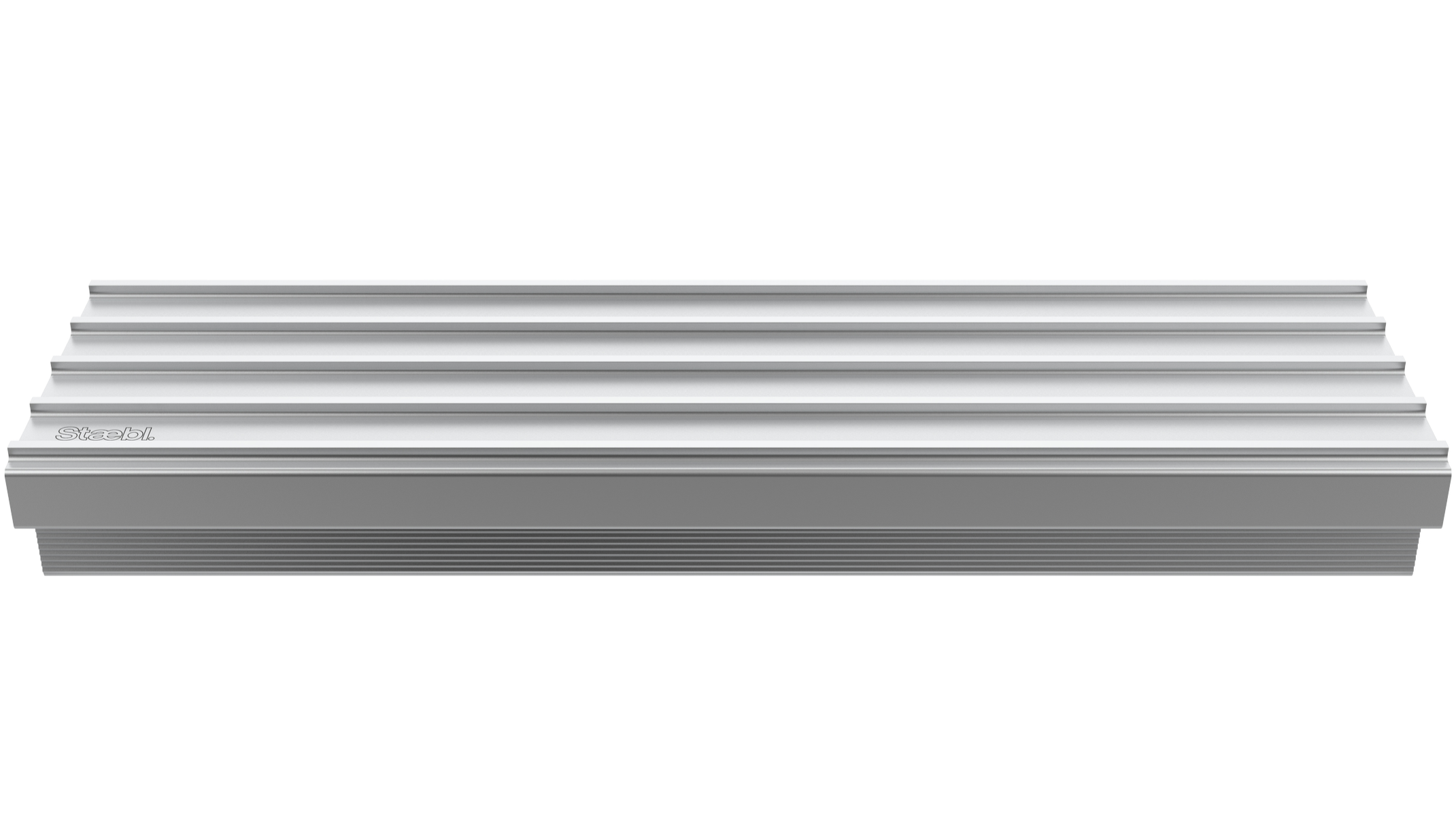 Isometric view of Staebl Knoll® Areté Stair Edging & Trim in Silver Day, manufactured from 100% verified recycled aluminium, extruded & stretched then anodised with to 20µm. Installed on top of Stair Tread for Carpet & Floor Covering insertion.