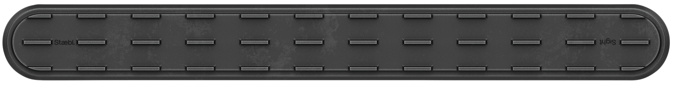 Pedestrian view of USED, Ready for Trade-in & Reunion, Staebl Sight® Discrete Directional Tactile Ground Surface Indicator (TGSI), Black Dusk, verified recycled aluminium, drop-forged, precision-machined and hard anodised natural dye sealed to 60µm.