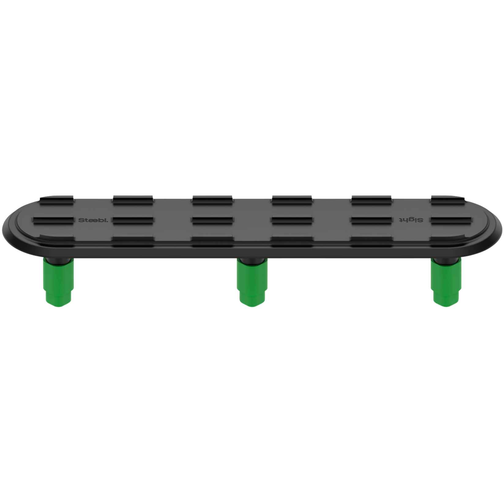 A black skateboard with green wheels resting on a white surface.
