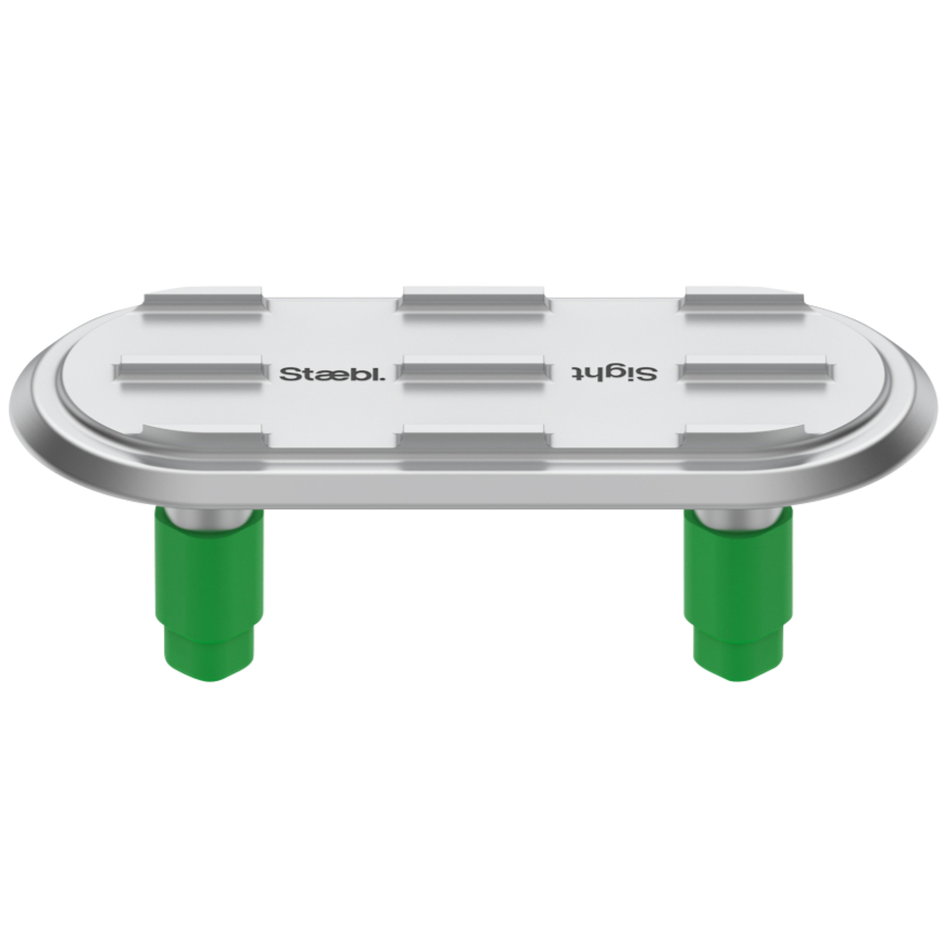 Close-up of a stainless steel sports meter with green legs, inscribed with the brand name Astell, used for golf or similar sports.