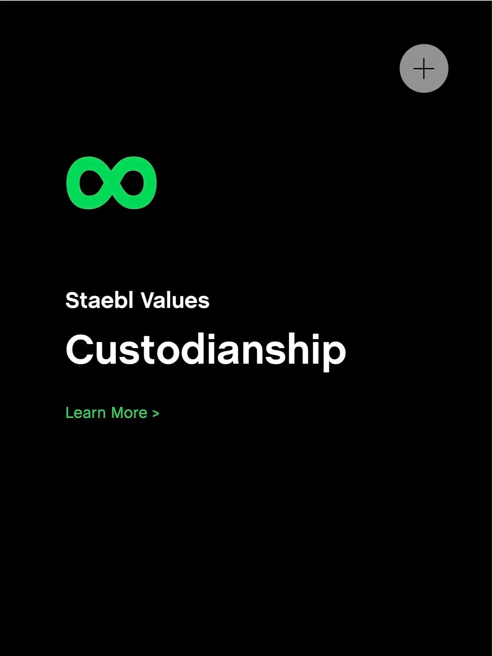 Black background with green infinity symbol, white text reading 'Stakeholder Values' and 'Customer Centricity', and a green 'Learn More >' link.