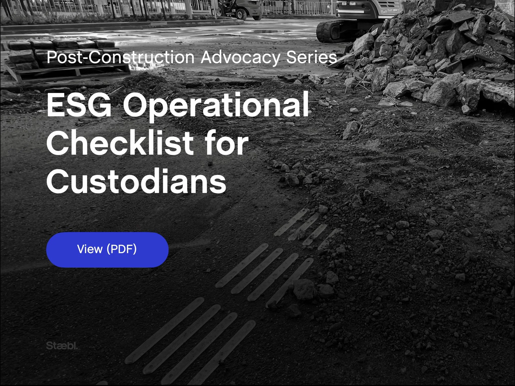 ESG Operational Checklist for Custodians banner image showing construction debris, loose materials and removed access products at a works site, supporting operational review of environmental and accessibility responsibilities.