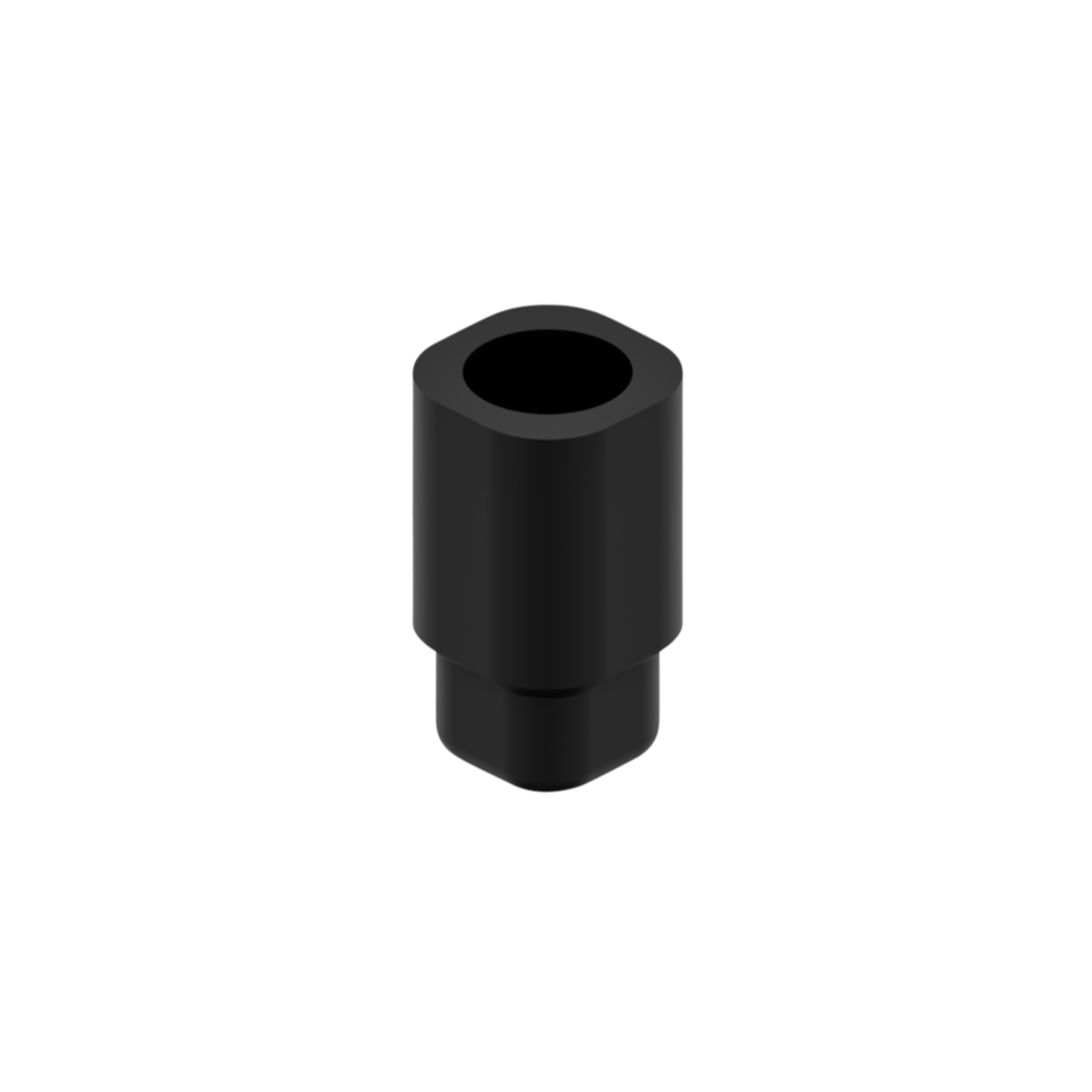 Close-up of a black bolt with a hexagonal head, viewed from above, isolated on a black background.
