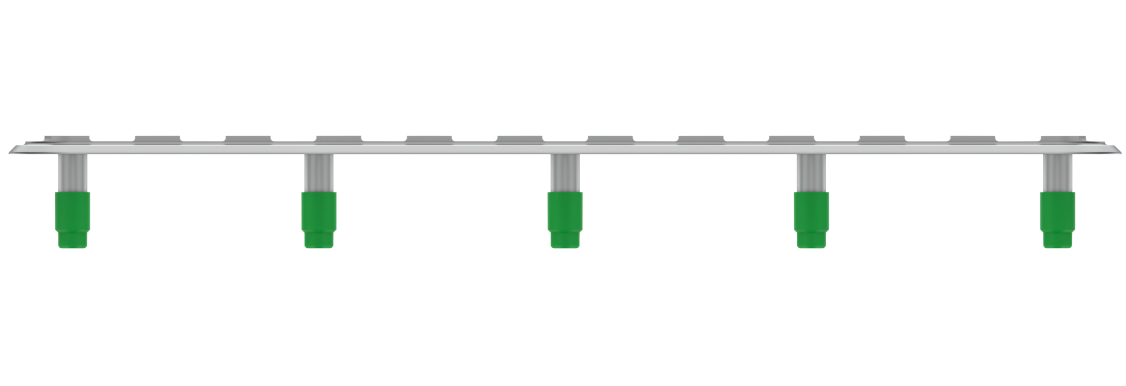 A metal gutter with green brackets for attachment