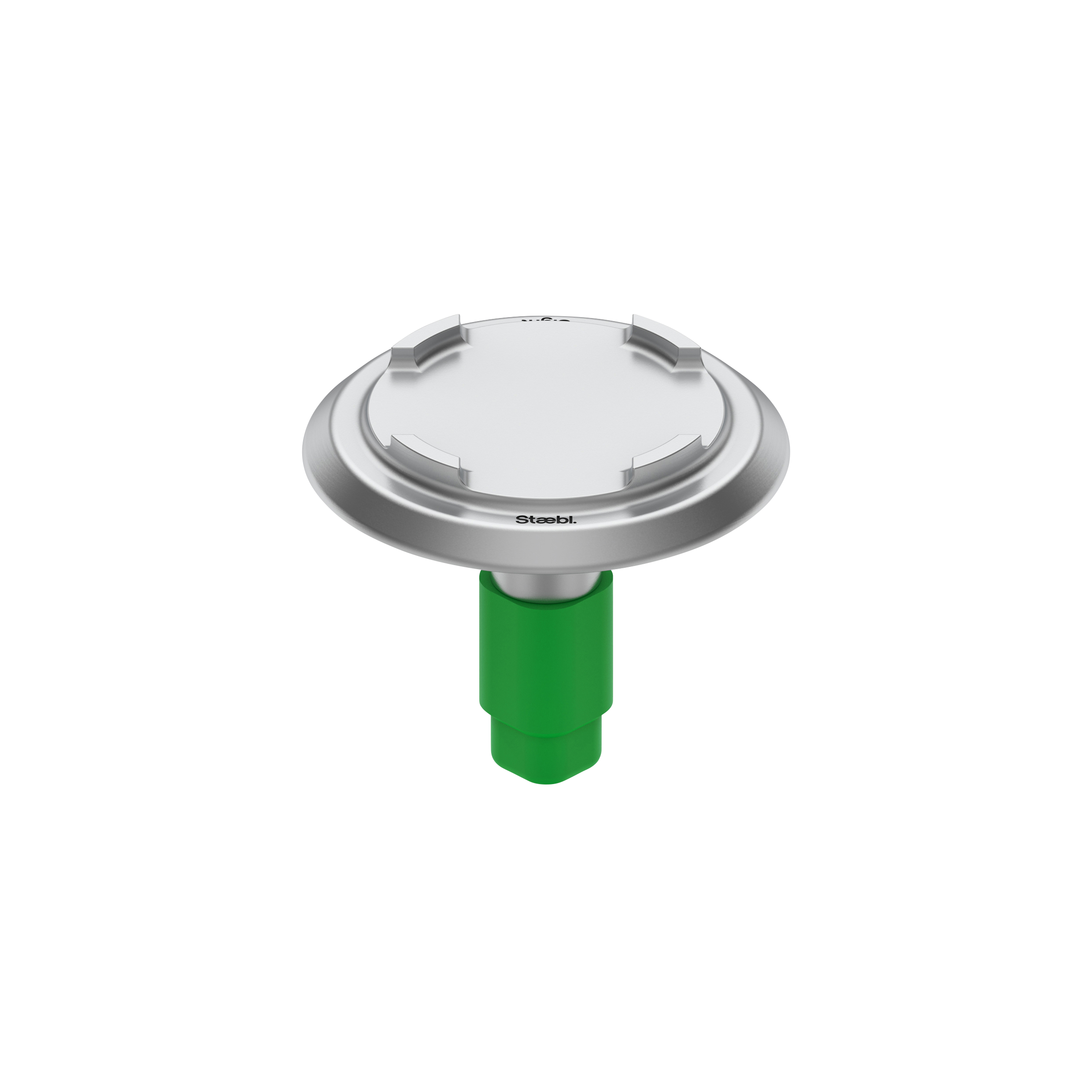 A white smoke detector mounted on ceiling with green mounting bracket.