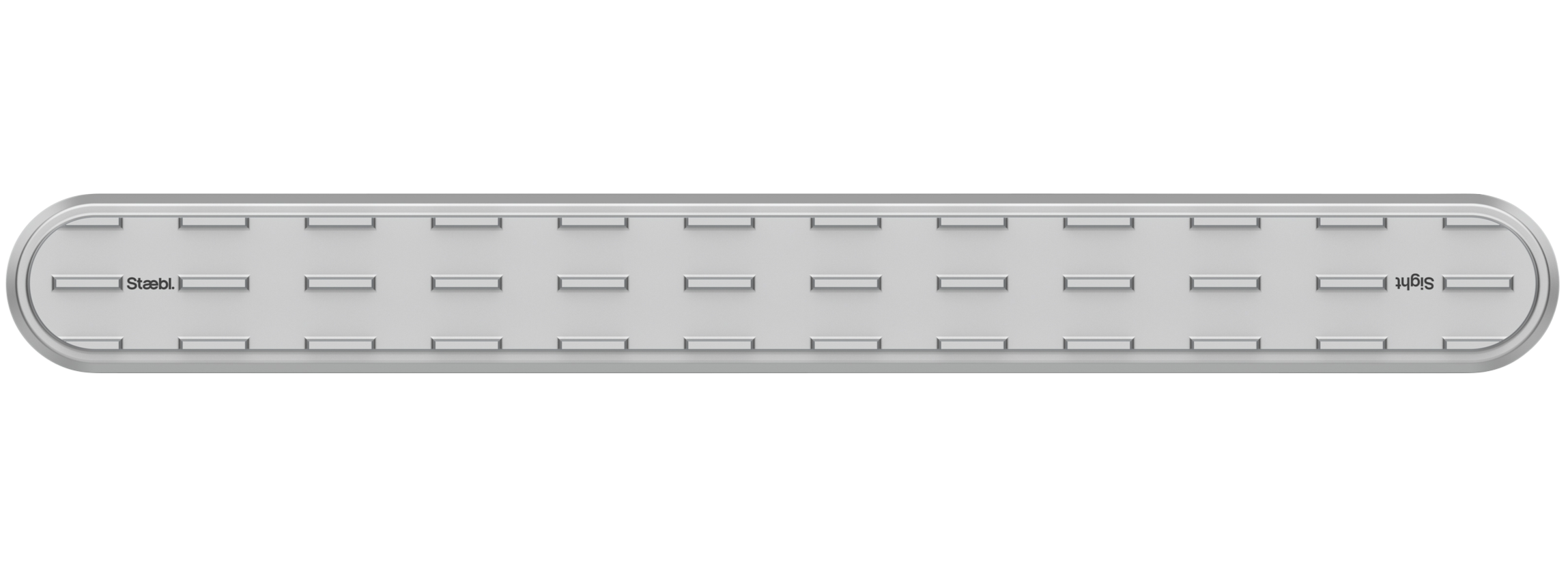 A long white rectangular plastic rinse tray with small rectangular slots, labeled 'Stäbli' and 'Sicht' on each end.