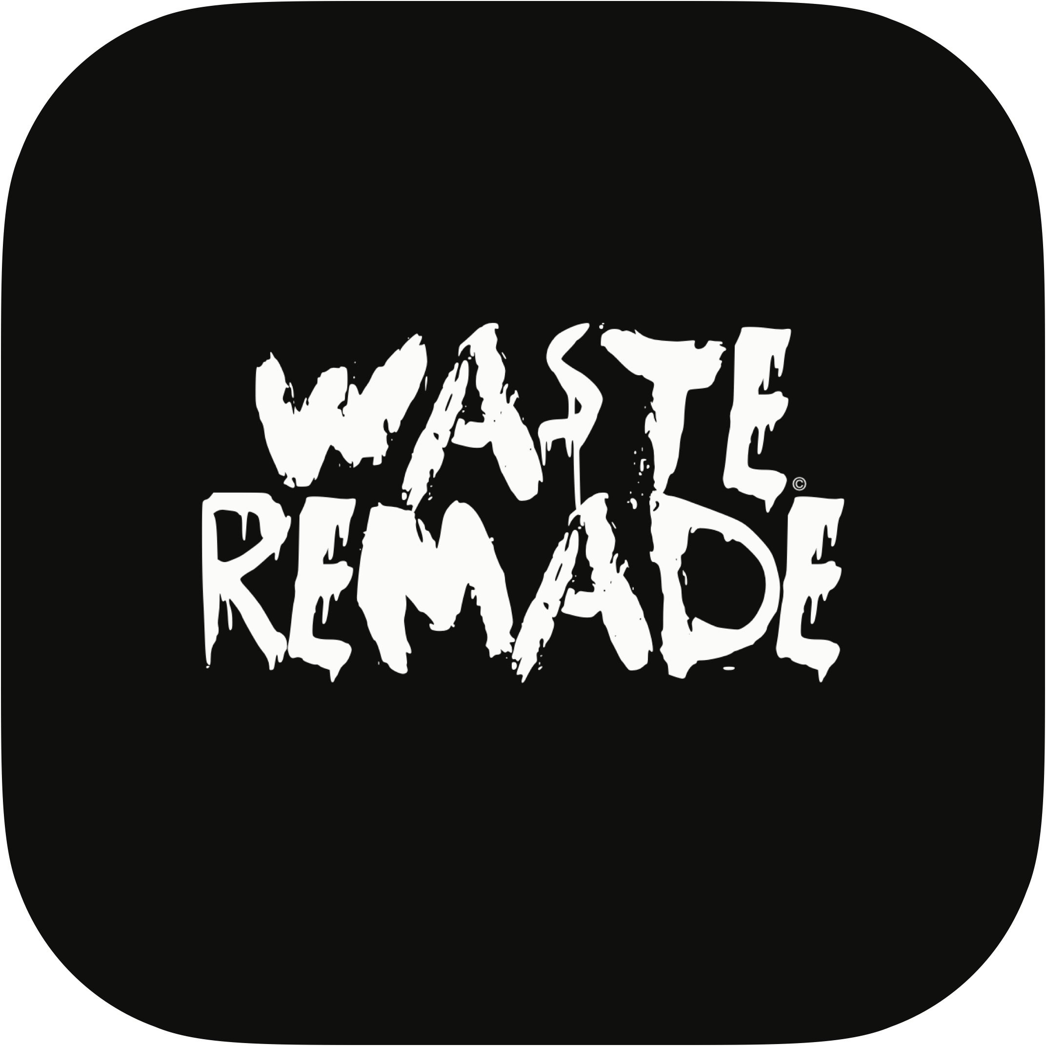 Staebl Waste Remade® Program Logo/Symbol:  Black background with a rounded corners with the words "Waste Remade" written in a white, jagged, graffiti-style font like you might find on rubbish bins.