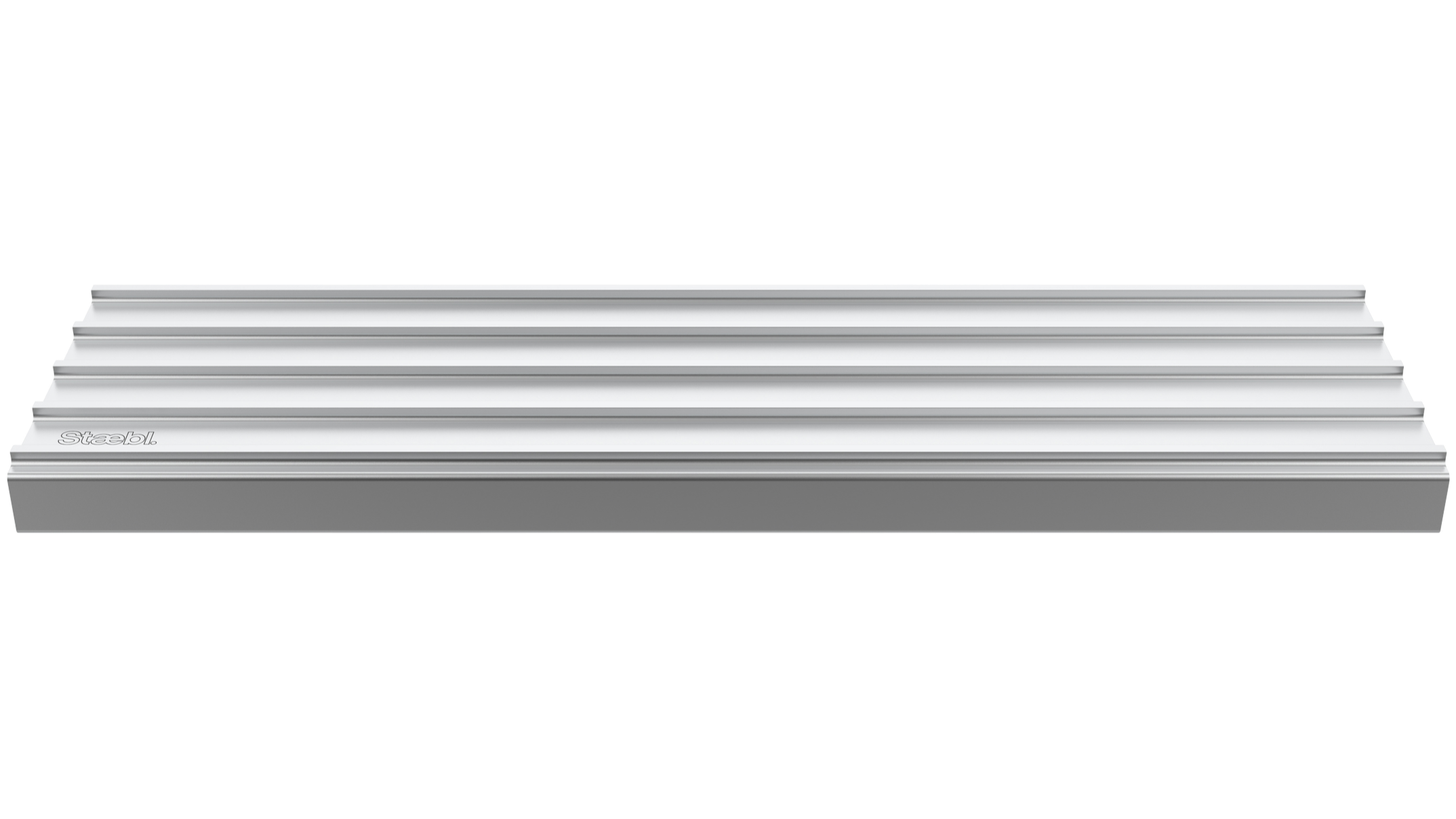 Isometric view of Staebl Knoll® Escarpment Stair Edging & Trim in Silver Day manufactured from 100% verified recycled aluminium, extruded & stretched then anodised with natural dye to 20µm. Installed on top of Stair Treads or Inset in the Going.