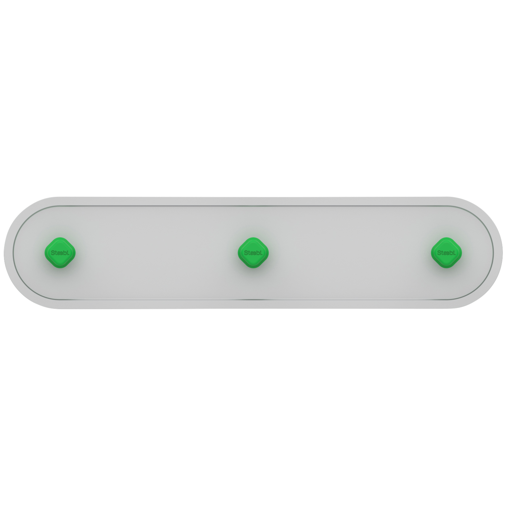 A rectangular white device with rounded edges featuring three green buttons labeled "Stebl".