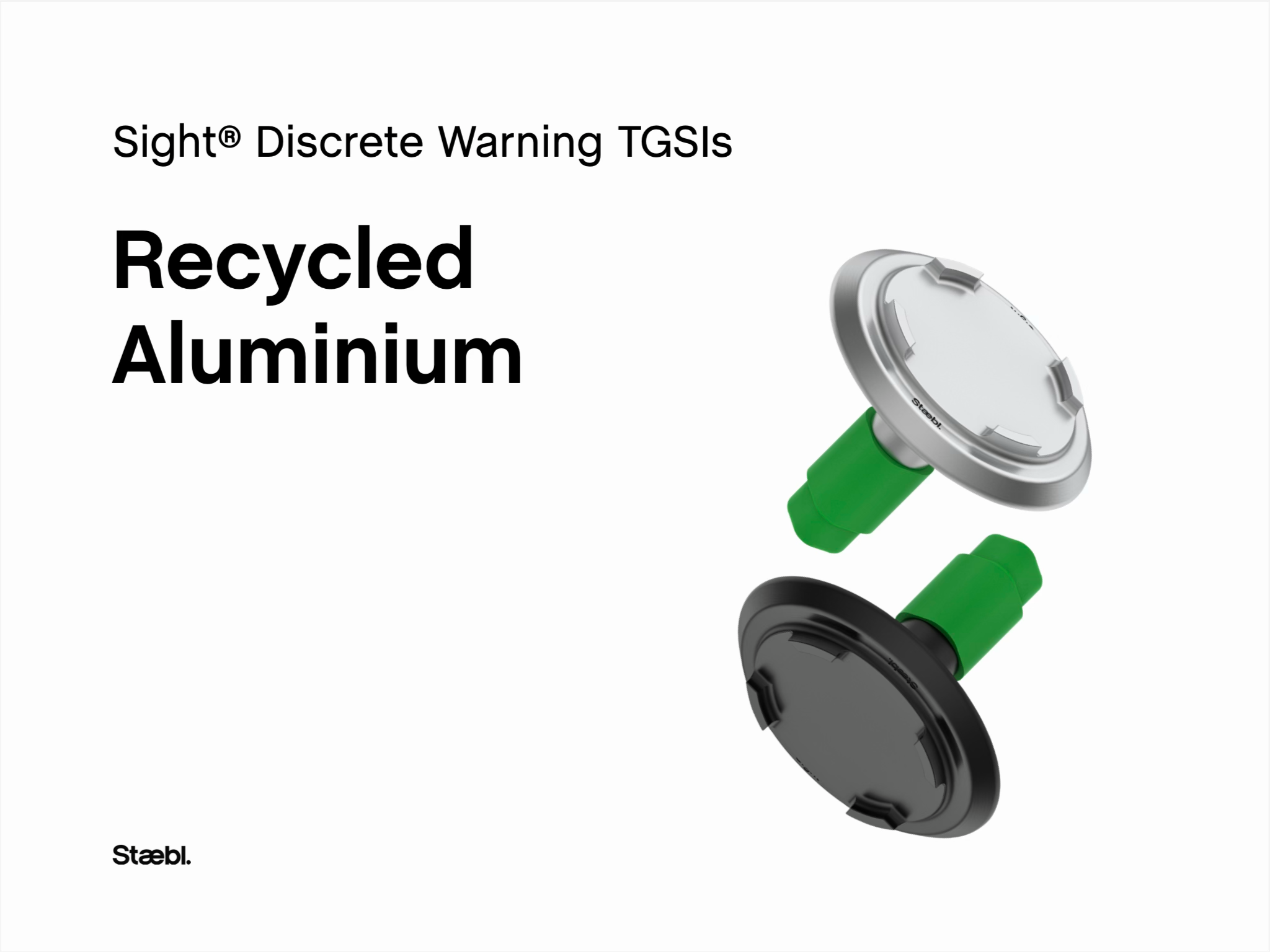 Cover of a product banner for Sight® Discrete Warning TGSis, featuring images of two types of recycled aluminium Staebl Sight TGSIs Silver Day & Black Dusk.
