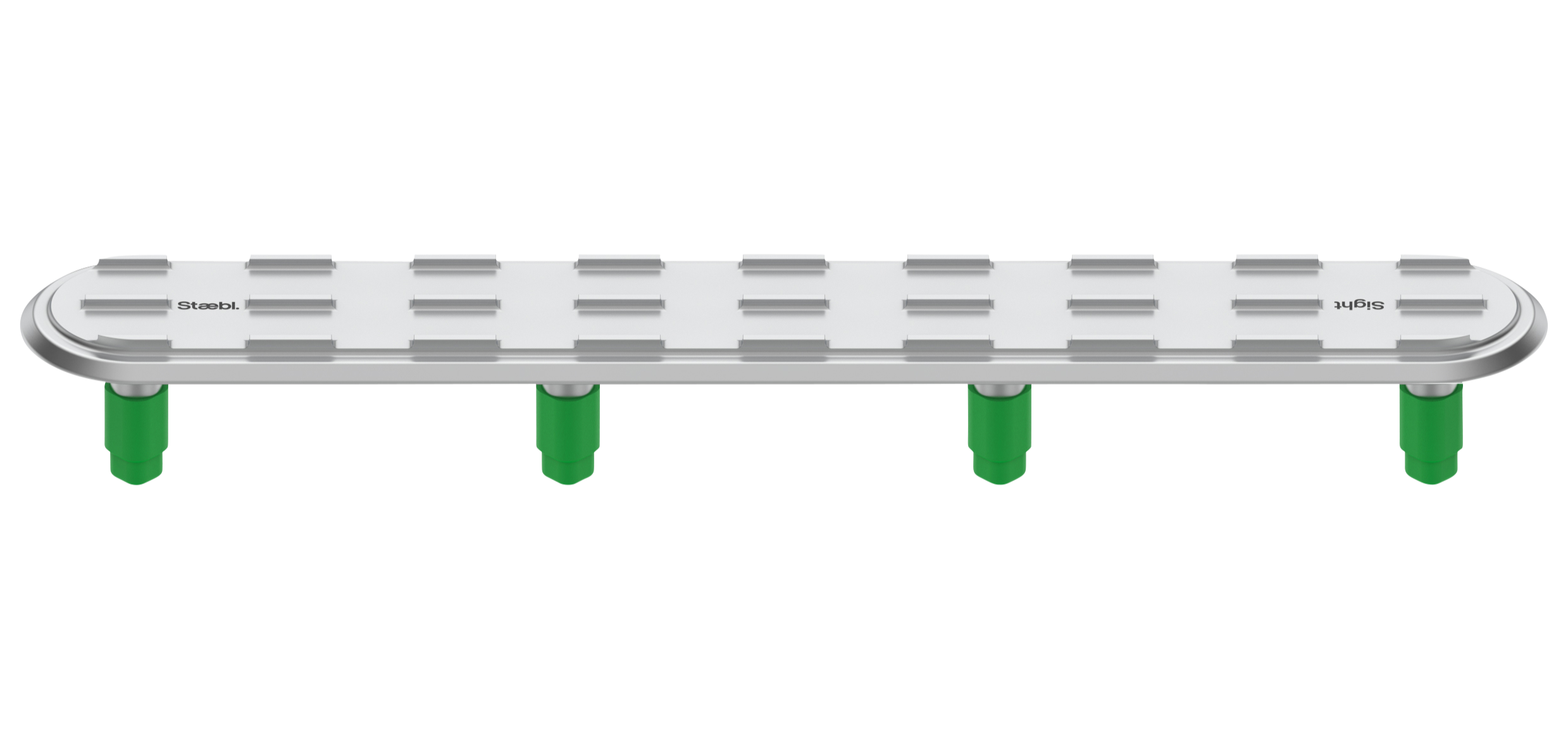 Isometric view of Staebl Sight® 224L Discrete Directional Tactile Ground Surface Indicator (TGSI), Silver Day, verified recycled aluminium, drop-forged, precision-machined and hard anodised natural dye sealed to 20µm.