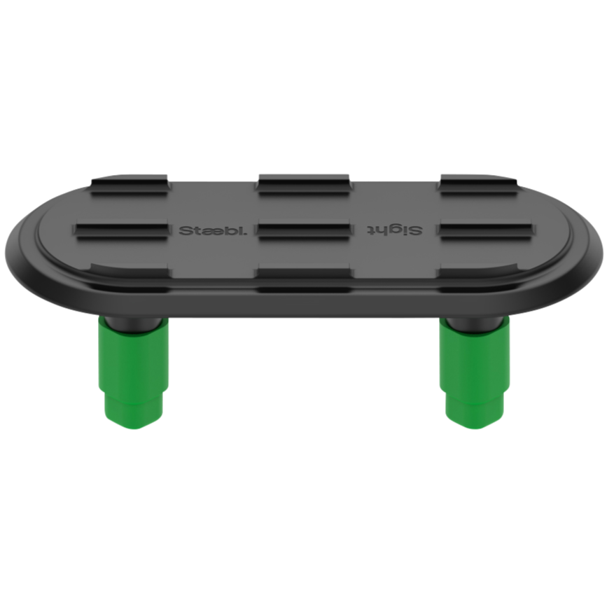 A black plastic stand with the brand name 'Stabil' printed on it, supported by two green legs.