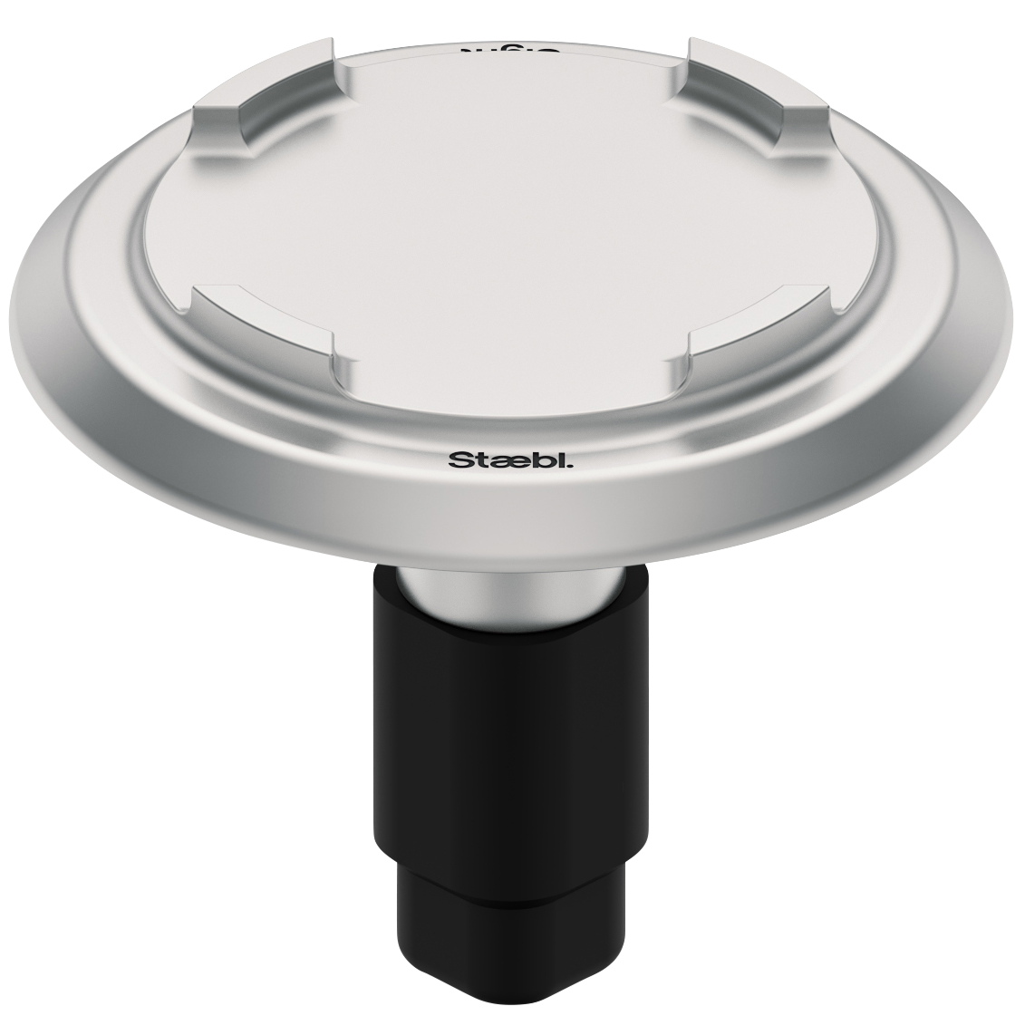 A circular stainless steel drain cover with a black drain pipe underneath, branded Staebl.