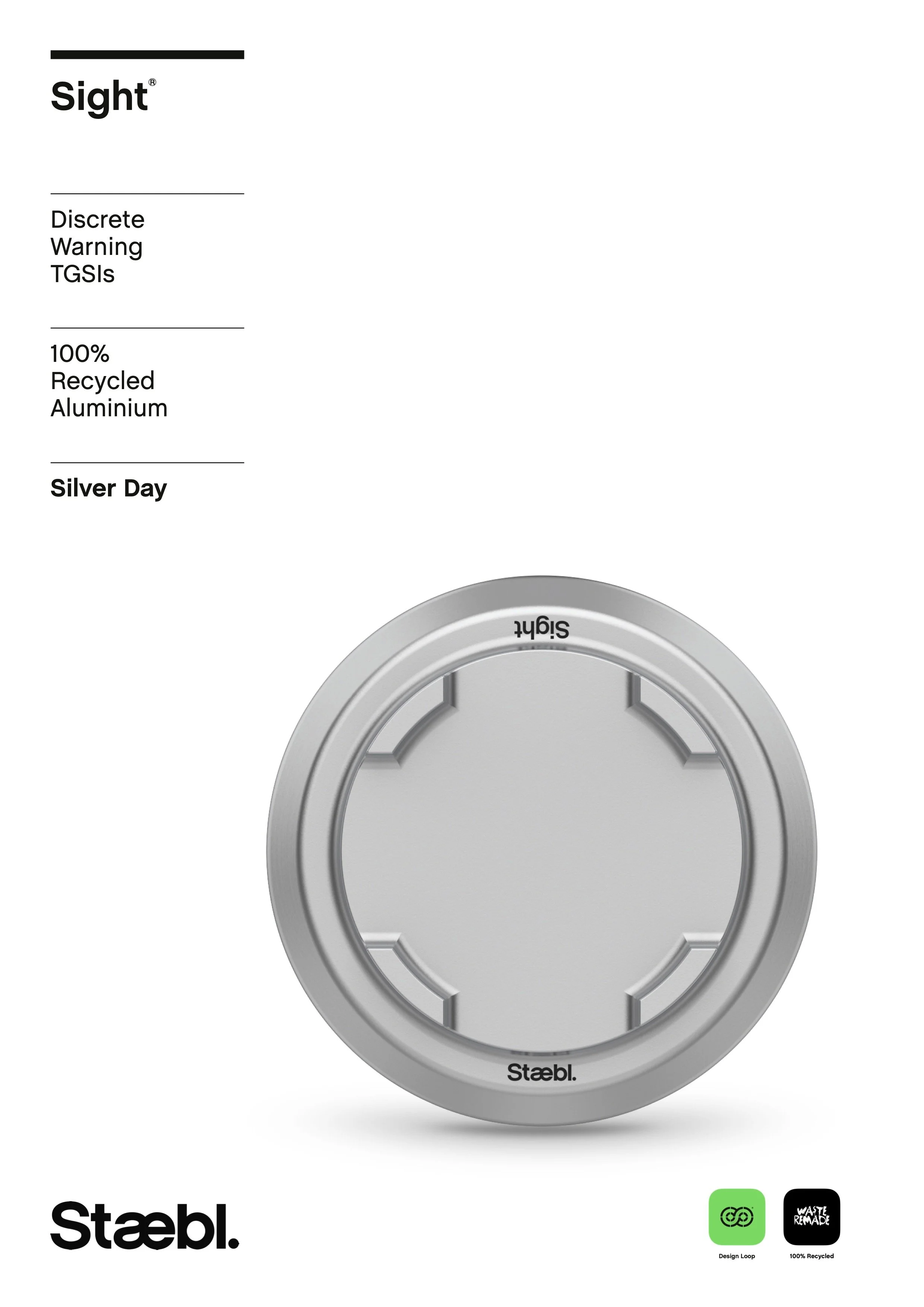 Front Cover of Staebl Sight® -W-AL-Silver-Day Discrete Warning Tactile Ground Surface Indicators (TGSIs) Technical Product Data Document. Made from Verified 100% Recycled Aluminium.