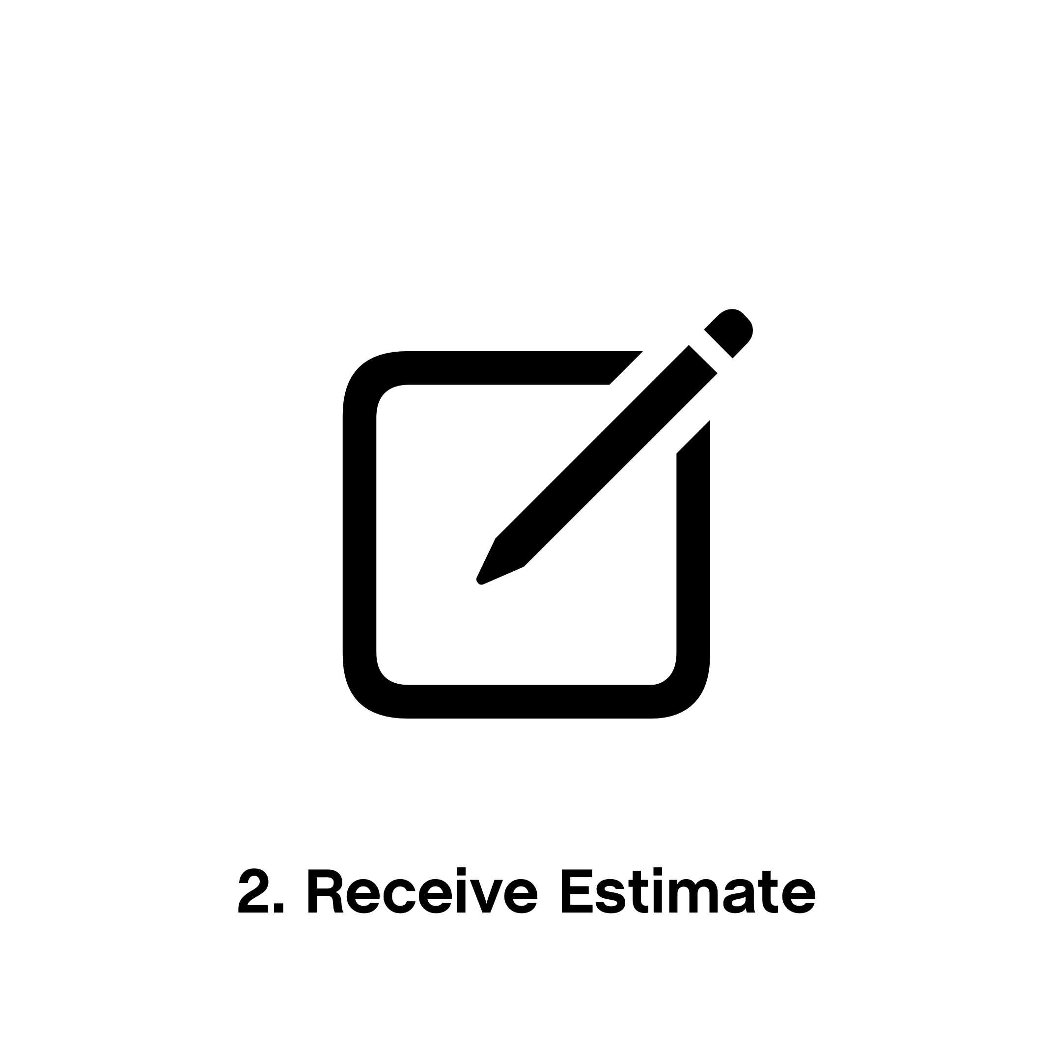 A circular black and white diagram illustrating the second step, 'Receive Estimate'. The image includes text and a stylised icon of a document and a pen, in the process for Trading used Staebl product through the Trade-in & Reunion Program.
