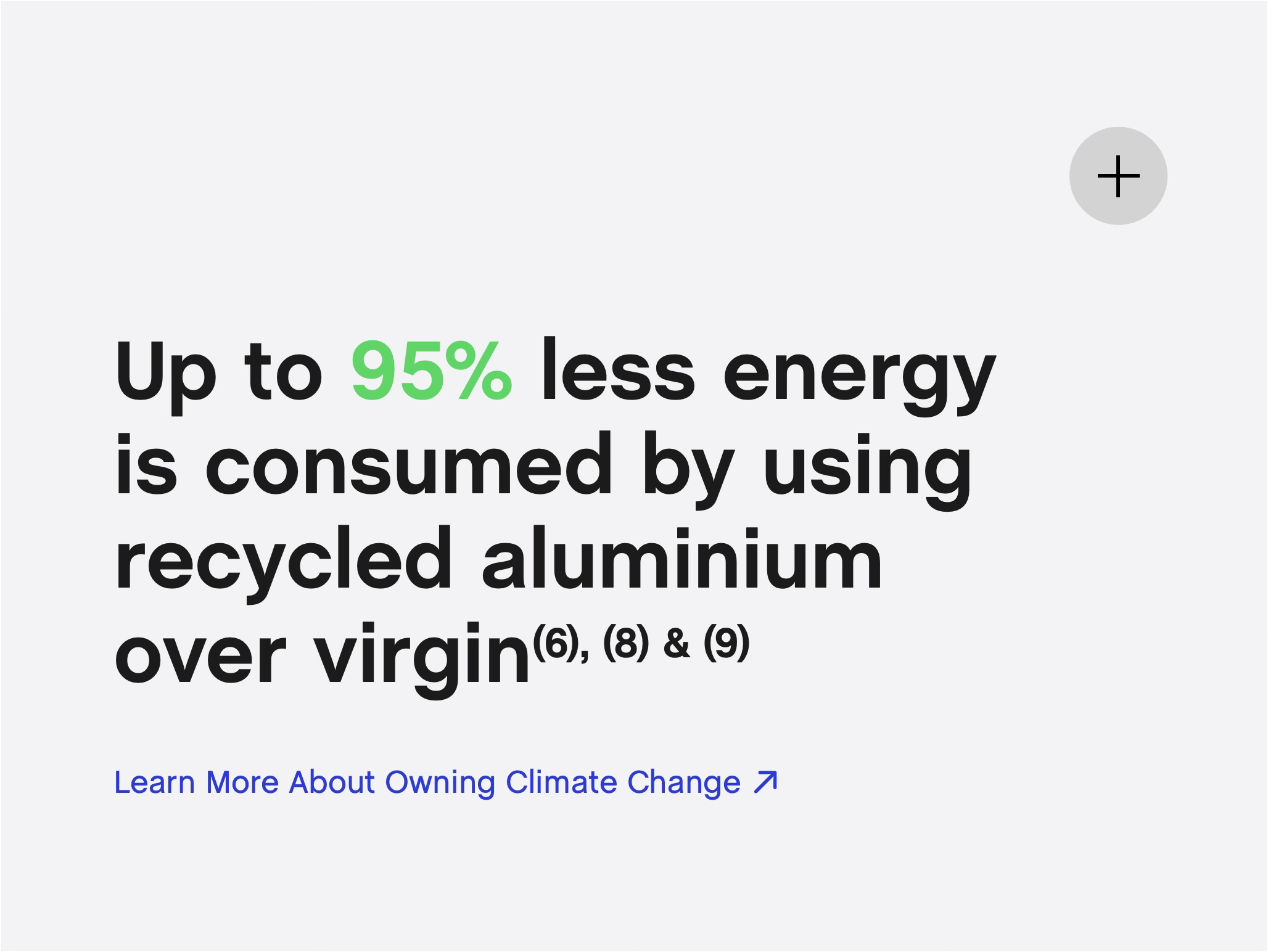 Text on a website indicating up to 95% less energy is consumed by using recycled aluminum, with a link to learn more about owning climate change.