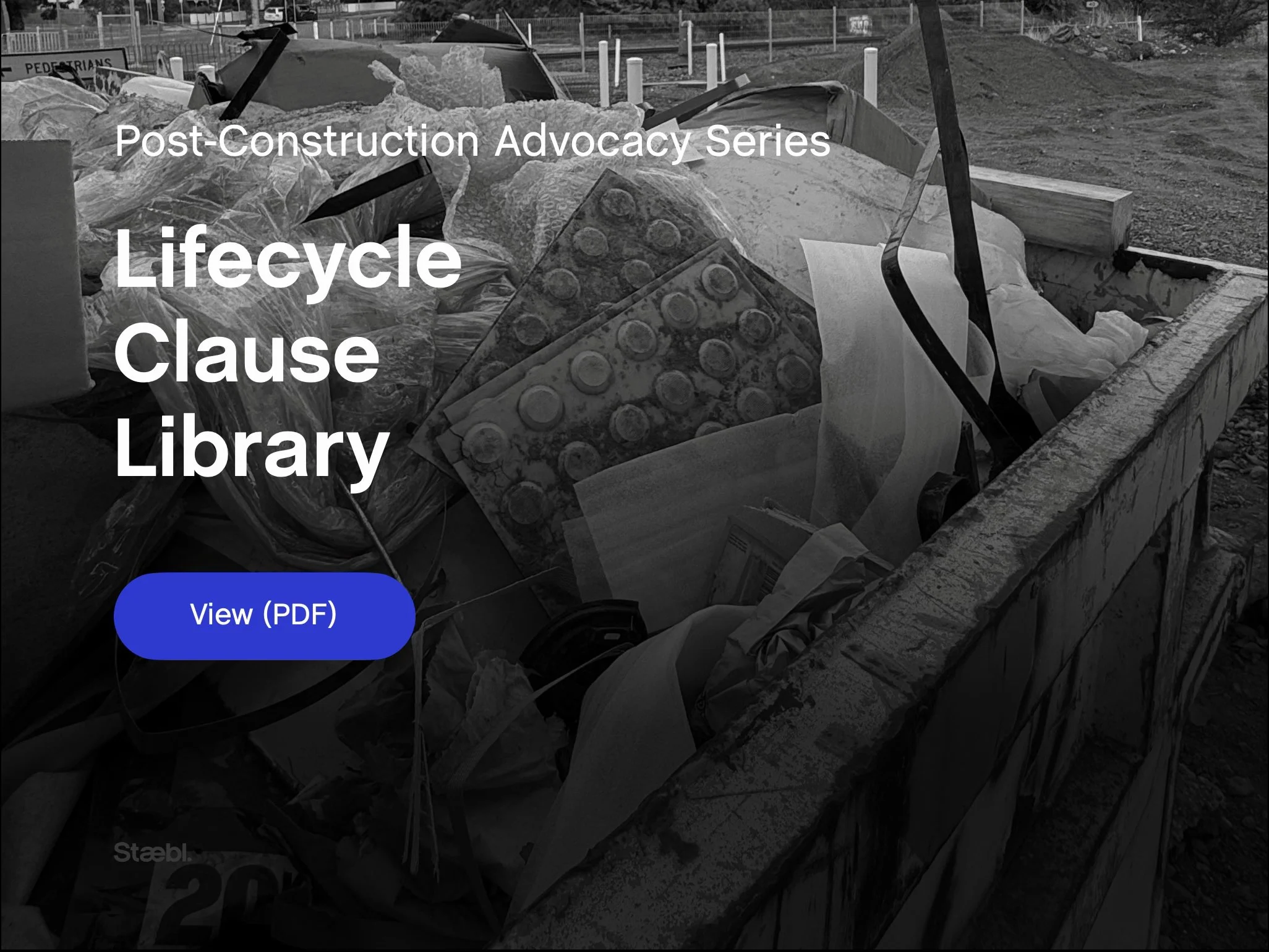 Lifecycle Clause Library banner image showing removed tactile ground surface indicator materials and construction waste in a skip bin, representing end-of-life responsibility and product recovery.