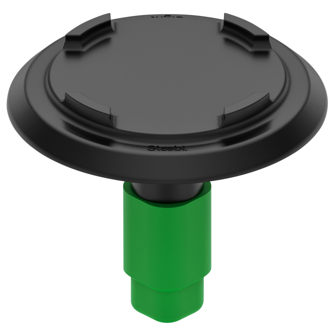 Close-up of a black and green suction cup mount, likely for a device or tool, with the brand name 'Steabl' visible on the black part.