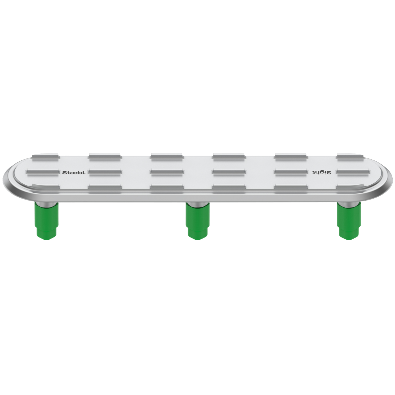 Isometric view of Staebl Sight® 152L Discrete Directional Tactile Ground Surface Indicator (TGSI), Silver Day, verified recycled aluminium, drop-forged, precision-machined and hard anodised natural dye sealed to 20µm.