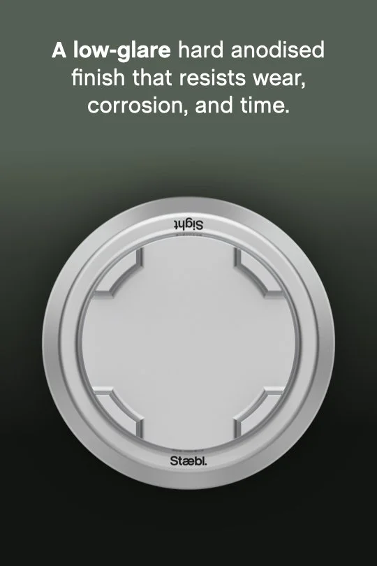Sight® Discrete Warning TGSIs - A low-glare hard anodised finish that resists wear, corrosion, and time -  Silver Day Low Glare finished is shown on an olive fade to background