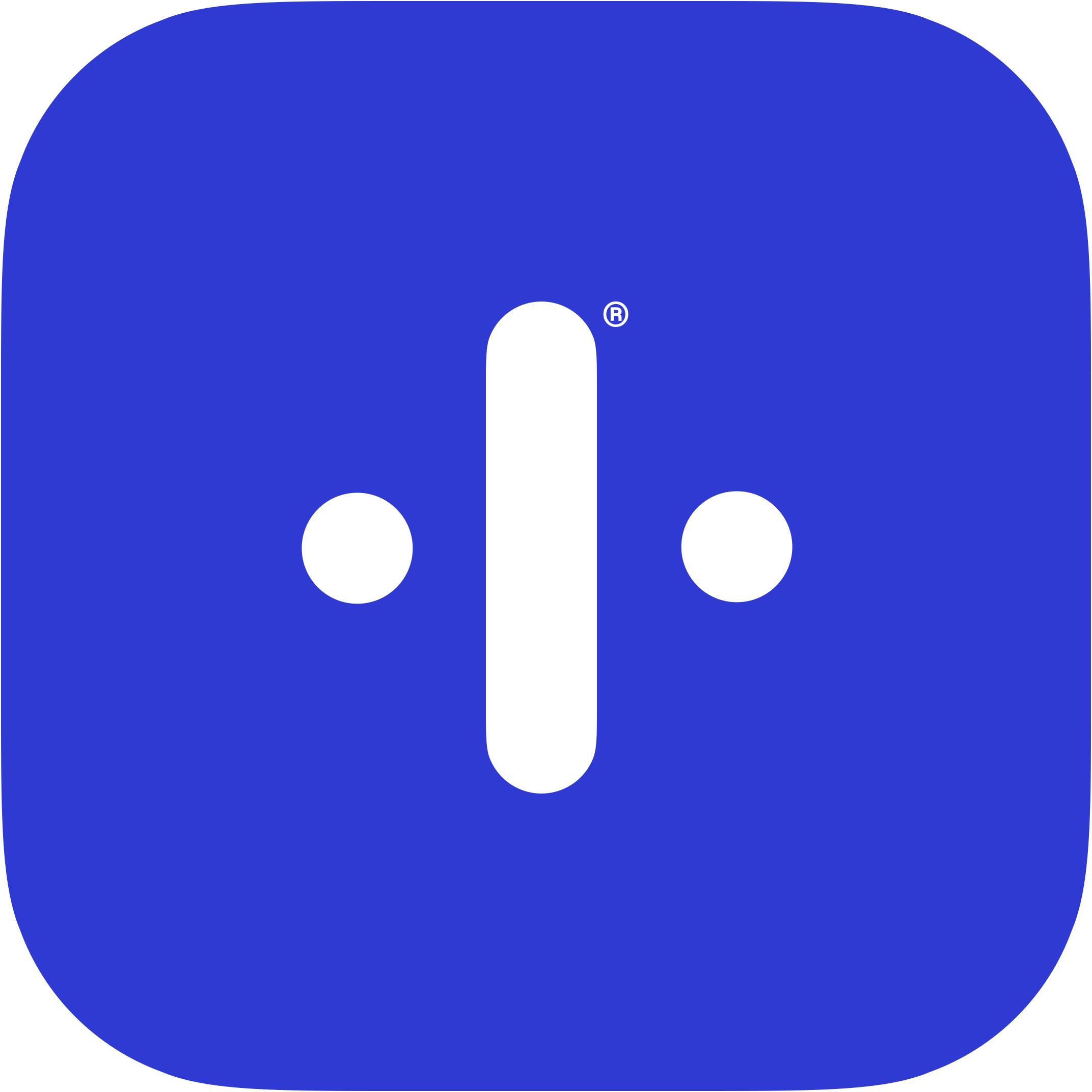 The image features a large blue logo with a white vertical elongated rounded rectangle in the center. The logo is primarily blue with three small white circles along the bottom edge and a small white registered trademark symbol near the bottom right of the rectangle.