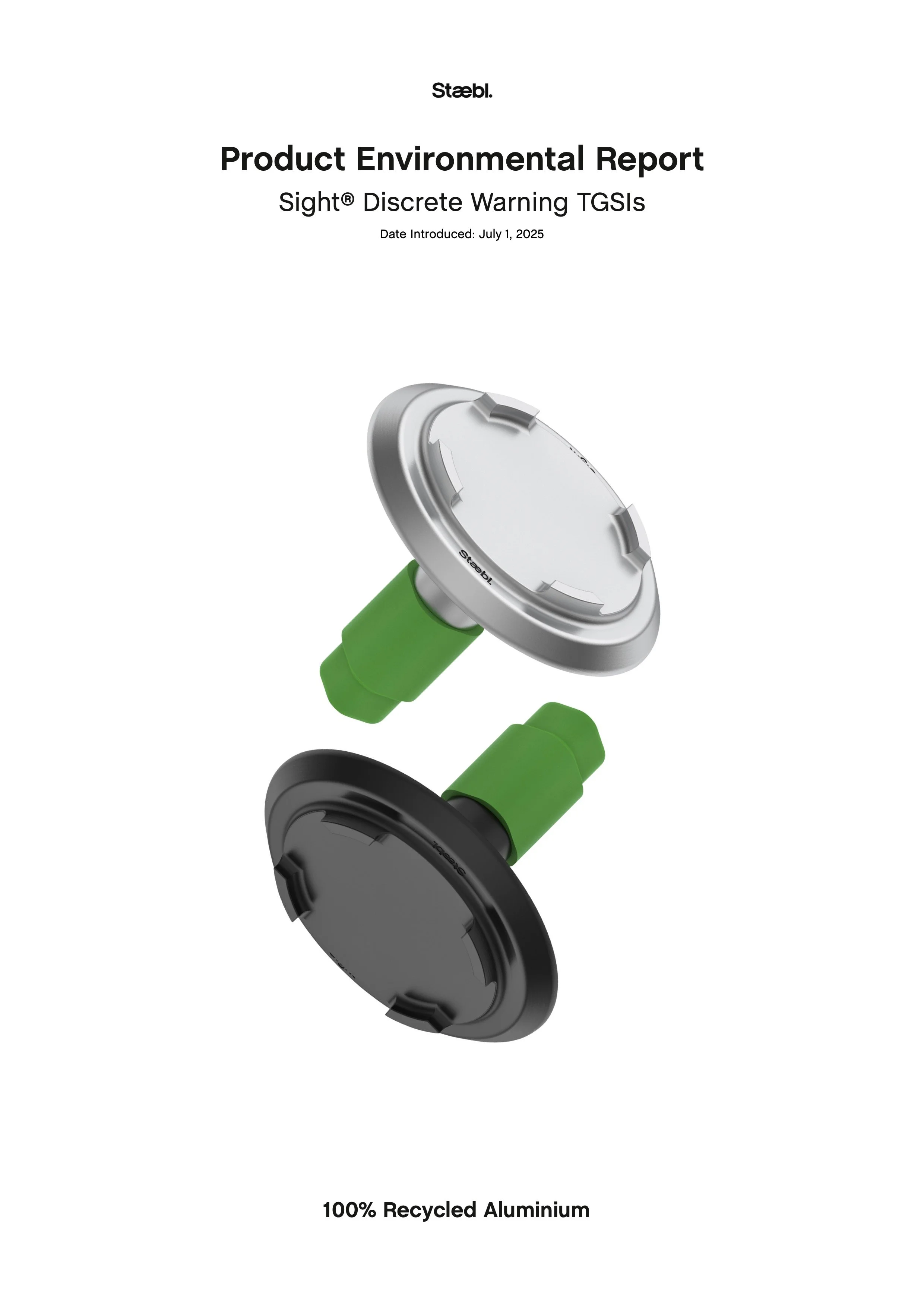 Front page of Staebl Product Environmental Report (PER) featuring two Sight Discrete Warning TGSIs, one Silver Day and one Black Dusk, and the text '100% Recycled Aluminium' at the bottom.