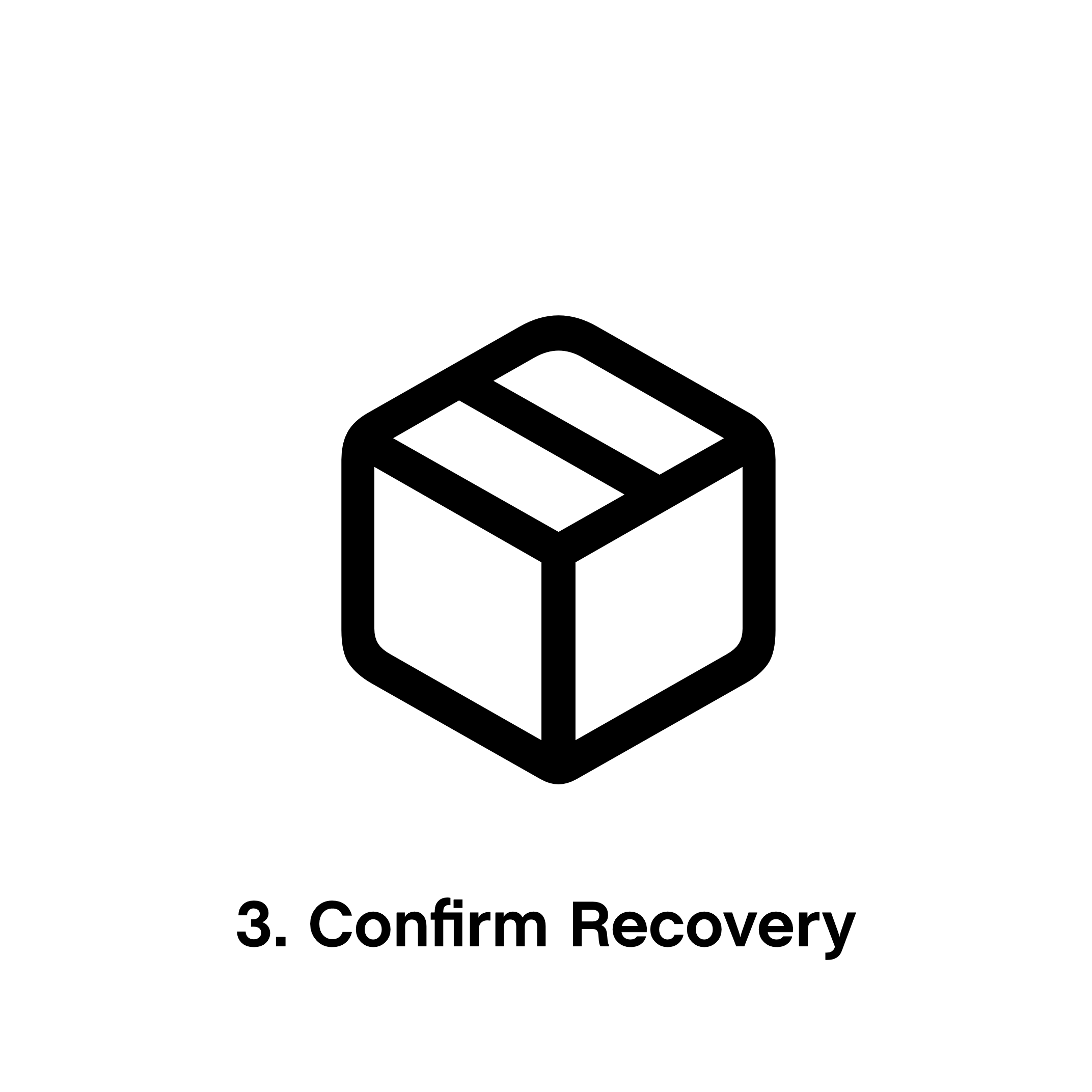 A circular black and white diagram illustrating the third step, 'Confirm Recovery,' in the process for Trading used Staebl product through the Trade-in & Reunion Program.